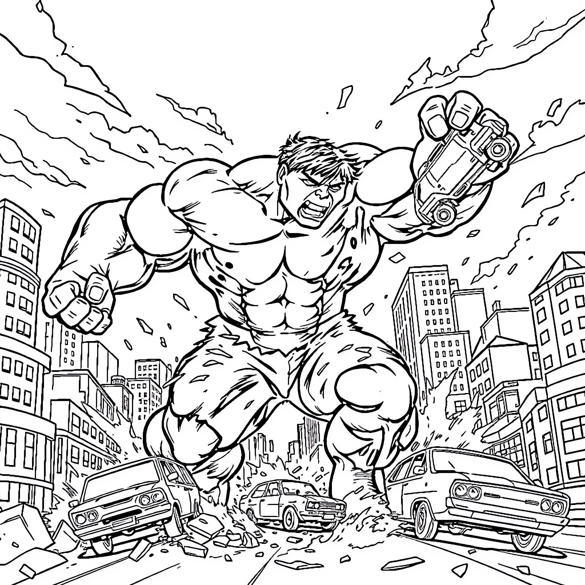 Hulk Smashing Through City With Superhuman Strength Coloring Page (free black-and-white line drawing printable PDF for all, from beginners to advanced learners, including children, teens, adults, and seniors)