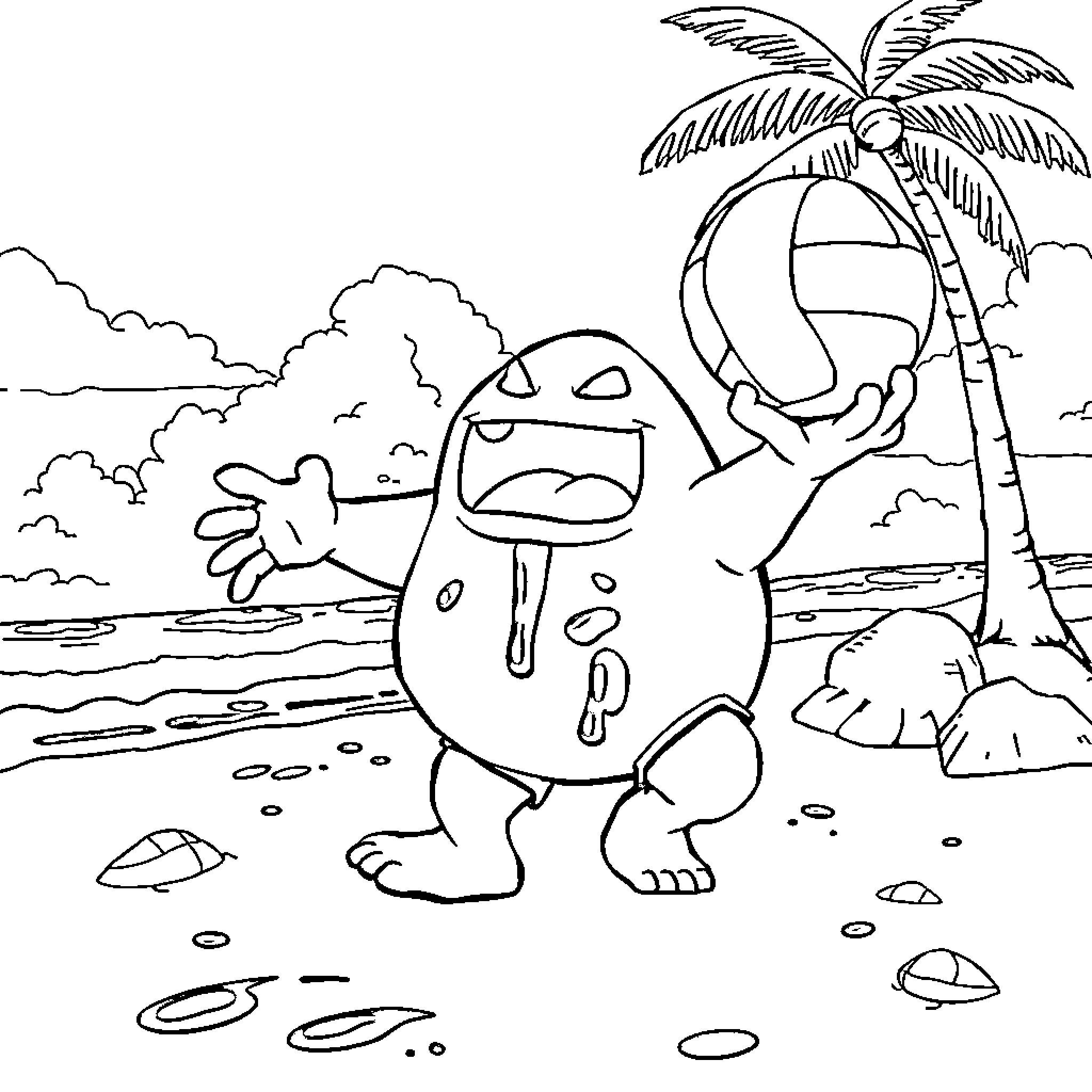 Goomba enjoying a tropical beach adventure Coloring Page (free black-and-white line drawing printable PDF for all, from beginners to advanced learners, including children, teens, adults, and seniors)
