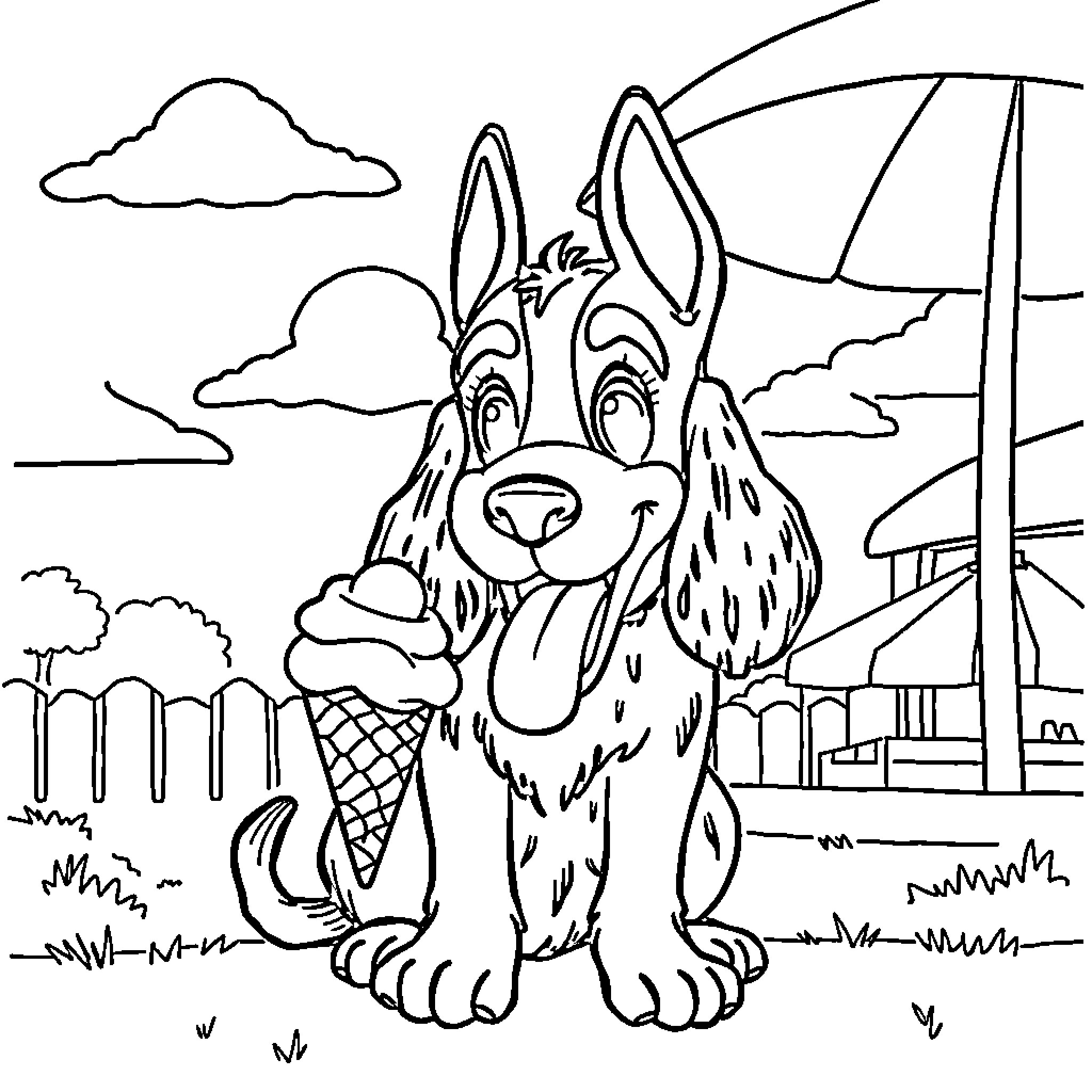 Doppi Pompidou: Playful dog with ice cream in the park Coloring Page (free black-and-white line drawing printable PDF for all, from beginners to advanced learners, including children, teens, adults, and seniors)