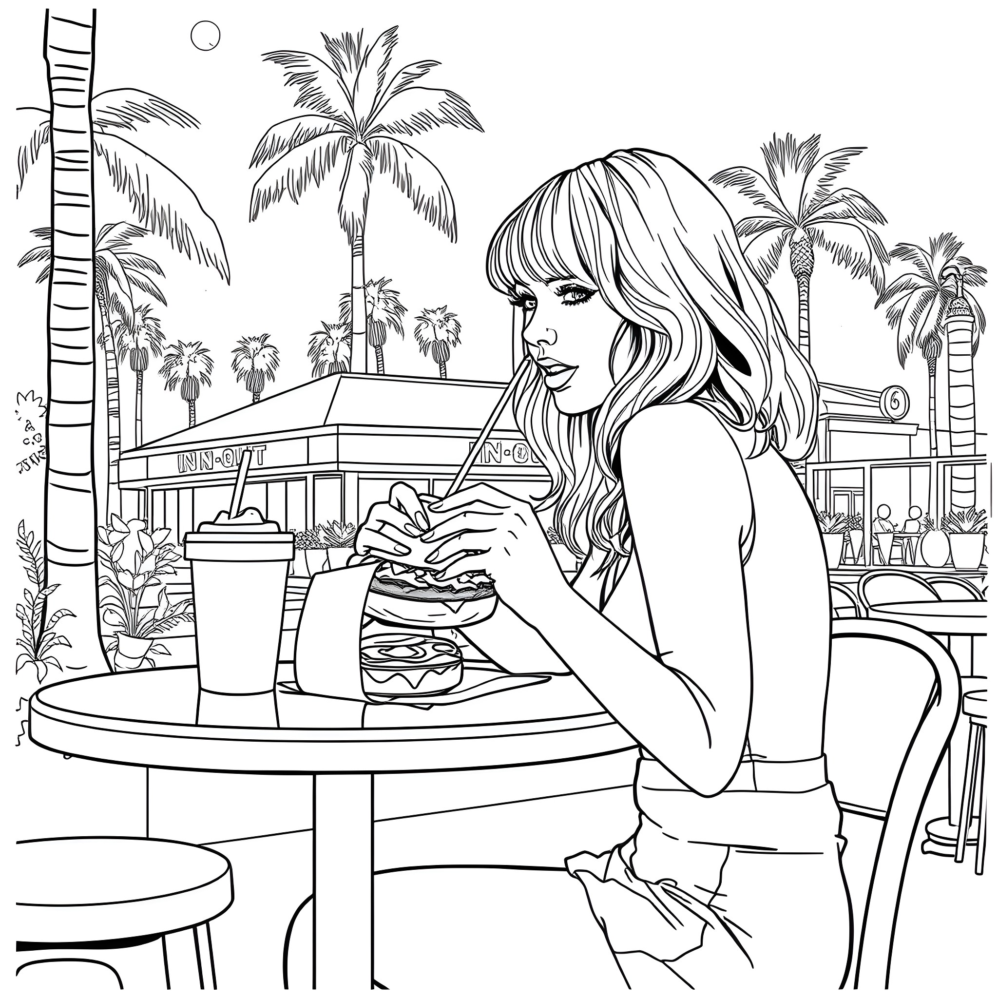 Taylor Swift enjoying a casual outdoor meal at a cafe Coloring Page (free black-and-white line drawing printable PDF for all, from beginners to advanced learners, including children, teens, adults, and seniors)