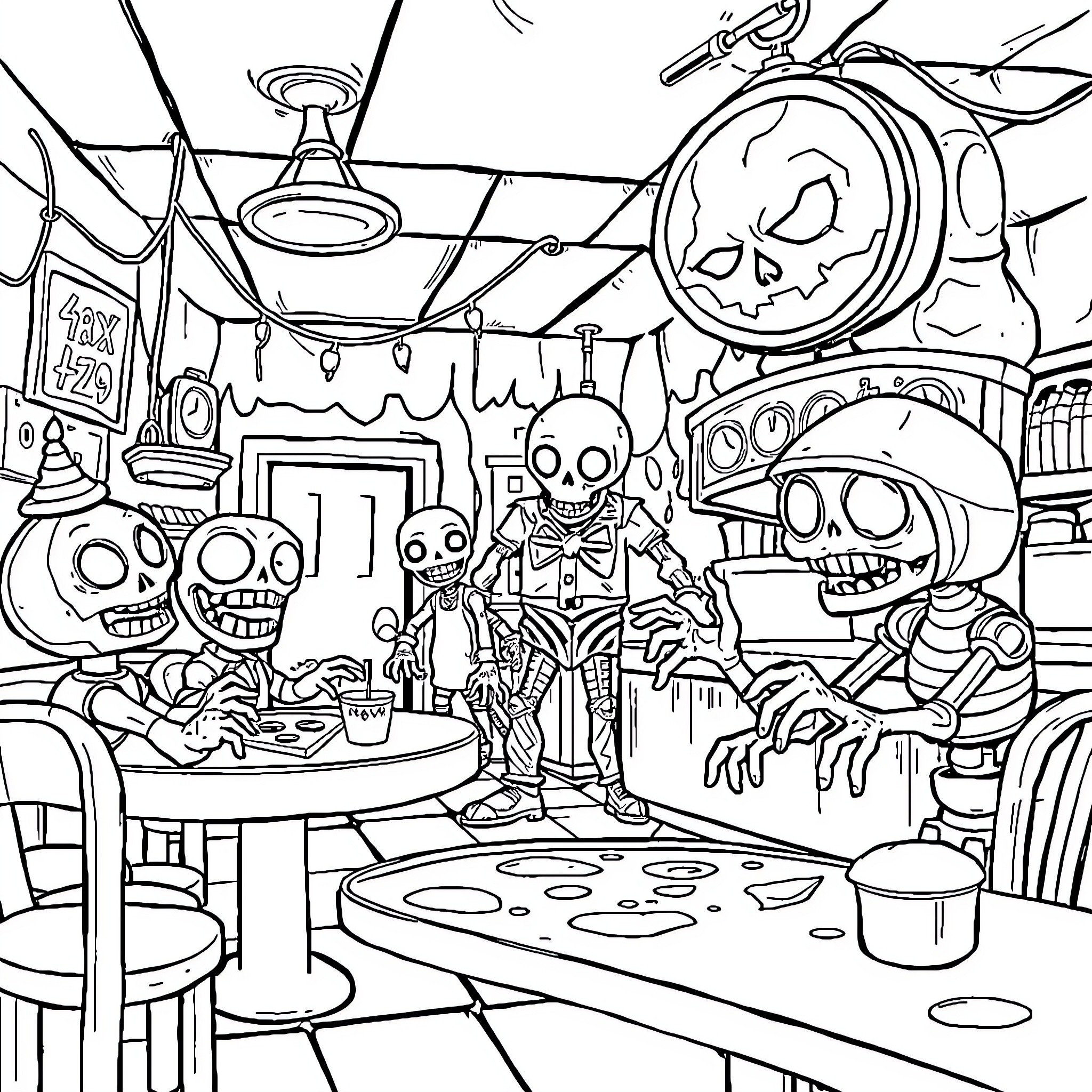 Five Nights At Freddy's Frightening Animatronic Encounter Coloring Page (free black-and-white line drawing printable PDF for all, from beginners to advanced learners, including children, teens, adults, and seniors)