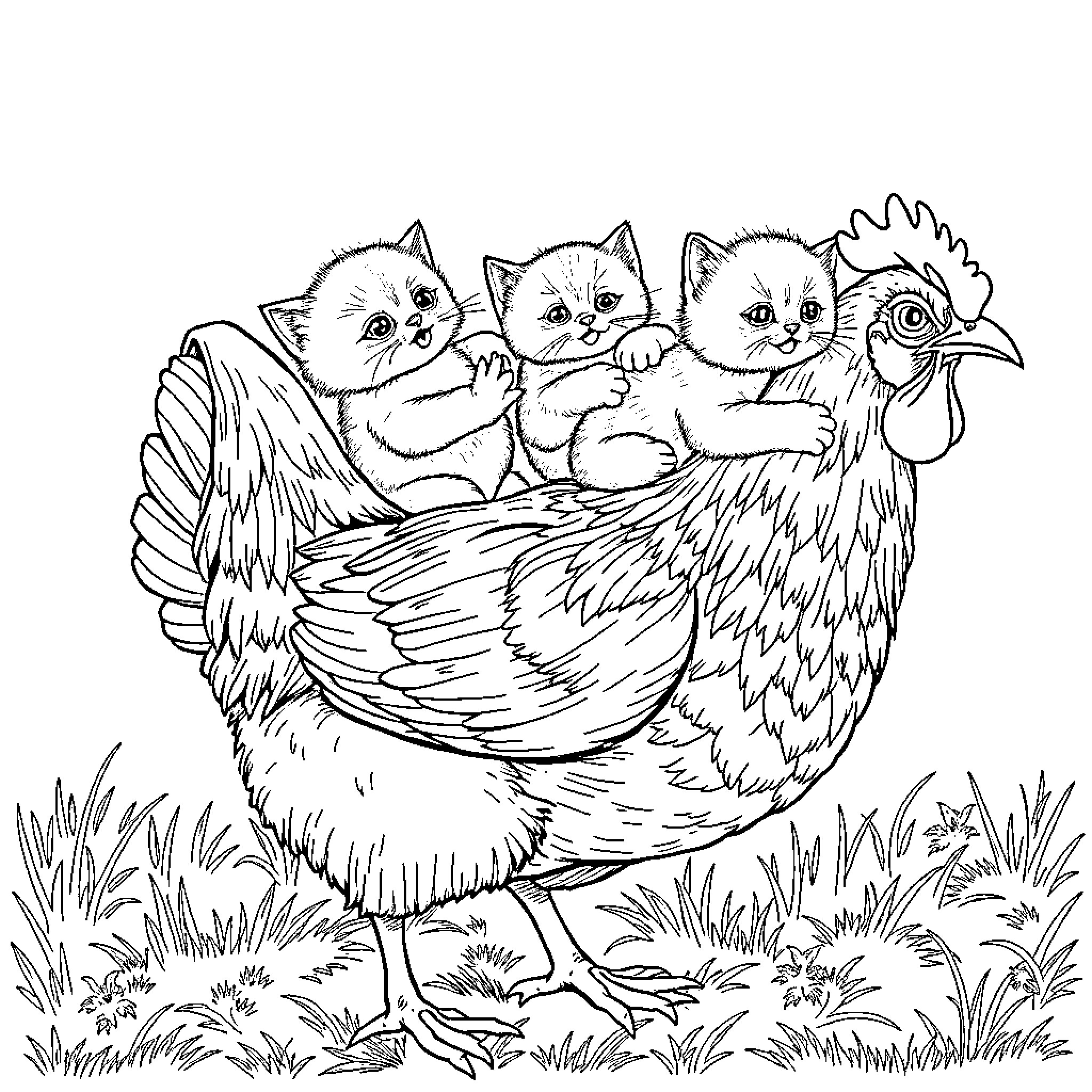 Kittens snuggling in a nest with a chicken Coloring Page (free black-and-white line drawing printable PDF for all, from beginners to advanced learners, including children, teens, adults, and seniors)
