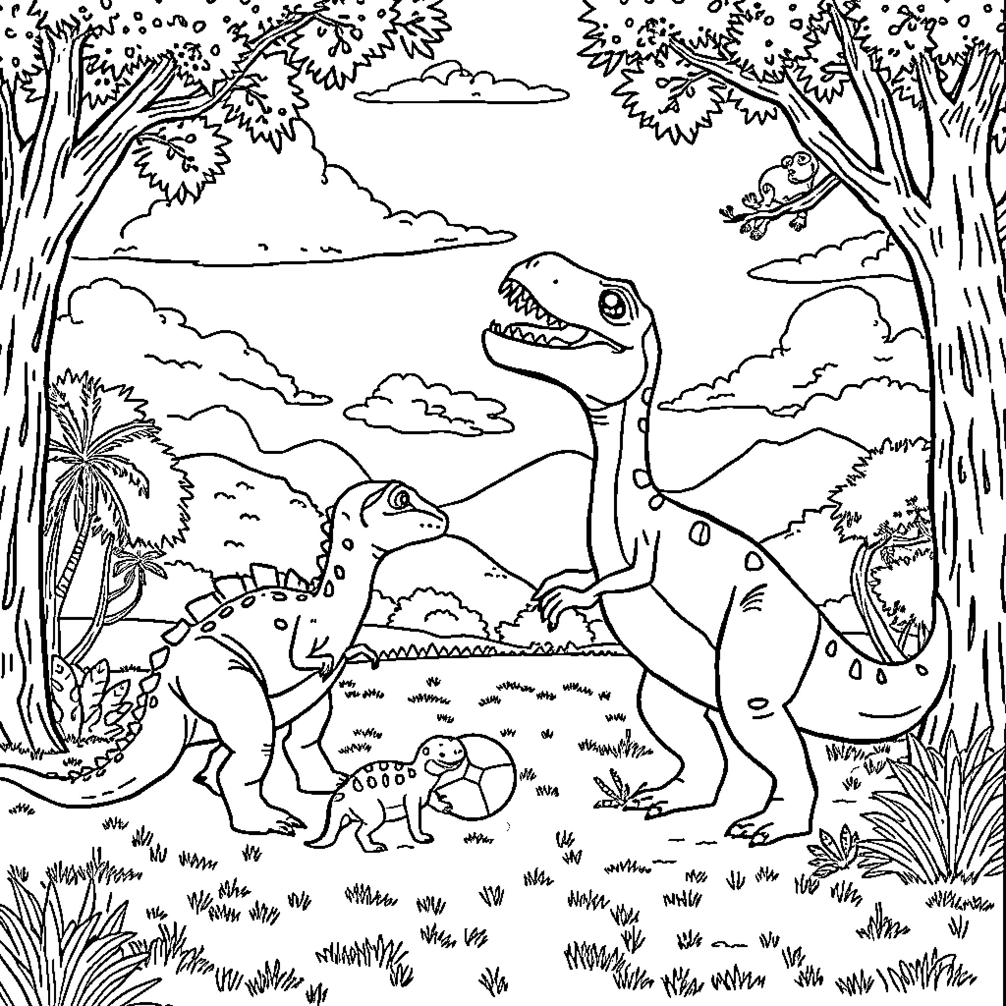 Dinosaurs roaming in prehistoric jungle landscape Coloring Page (free black-and-white line drawing printable PDF for all, from beginners to advanced learners, including children, teens, adults, and seniors)