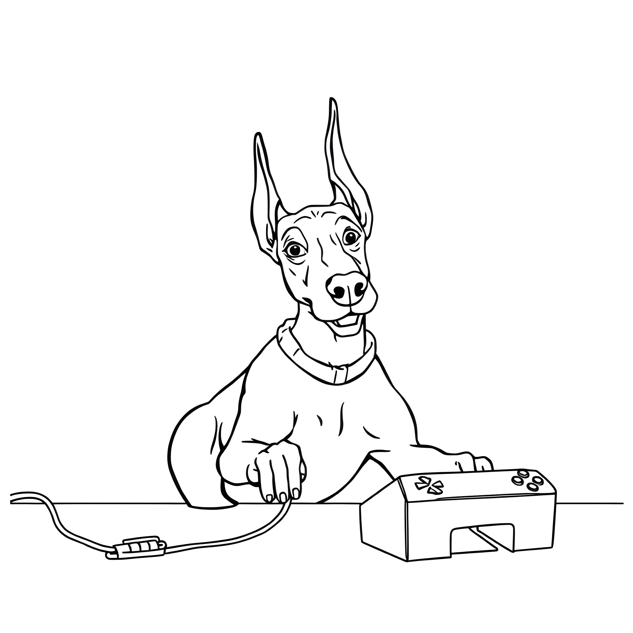 Doberman playing video games with controller Coloring Page (free black-and-white line drawing printable PDF for all, from beginners to advanced learners, including children, teens, adults, and seniors)