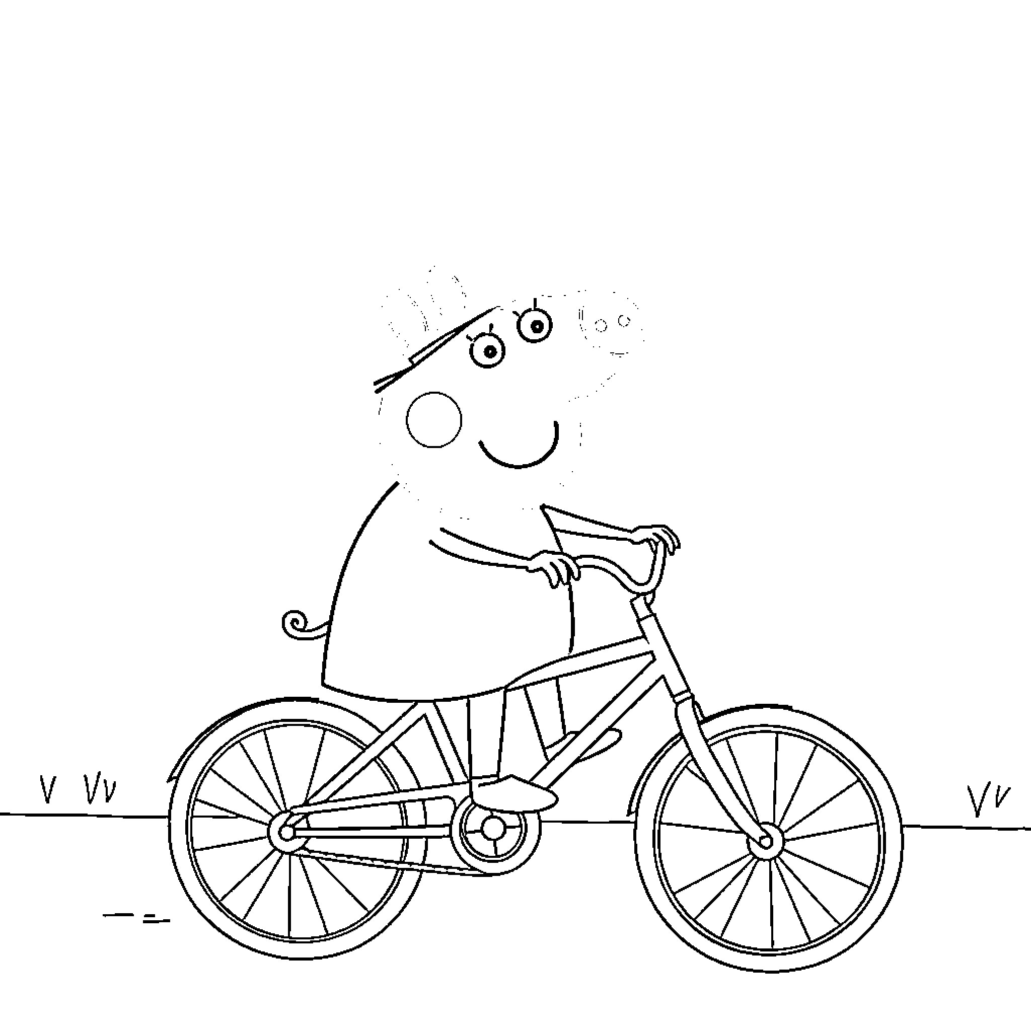 Peppa Pig riding a bicycle happily Coloring Page (free black-and-white line drawing printable PDF for all, from beginners to advanced learners, including children, teens, adults, and seniors)
