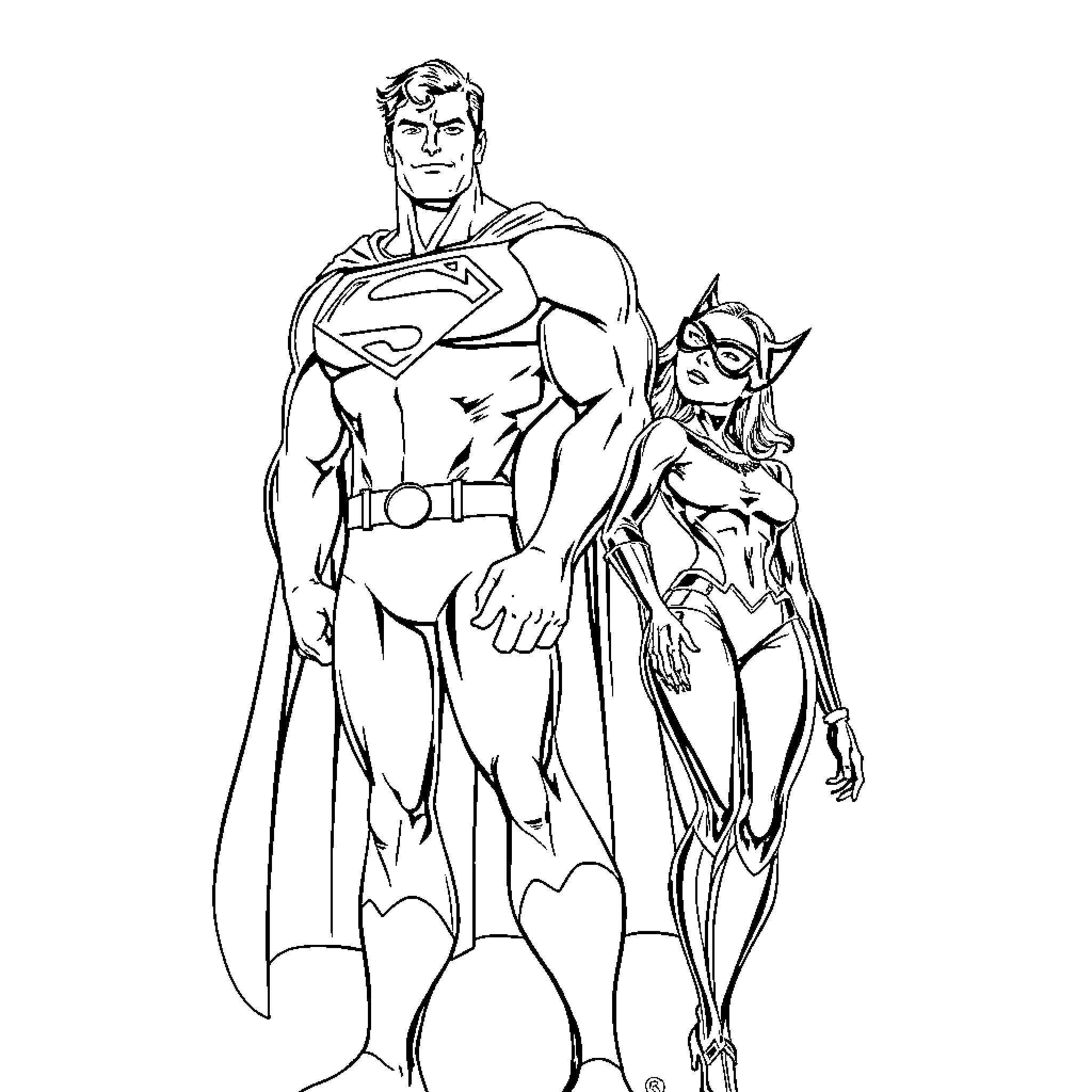Superman and Superwoman in heroic poses Coloring Page (free black-and-white line drawing printable PDF for all, from beginners to advanced learners, including children, teens, adults, and seniors)