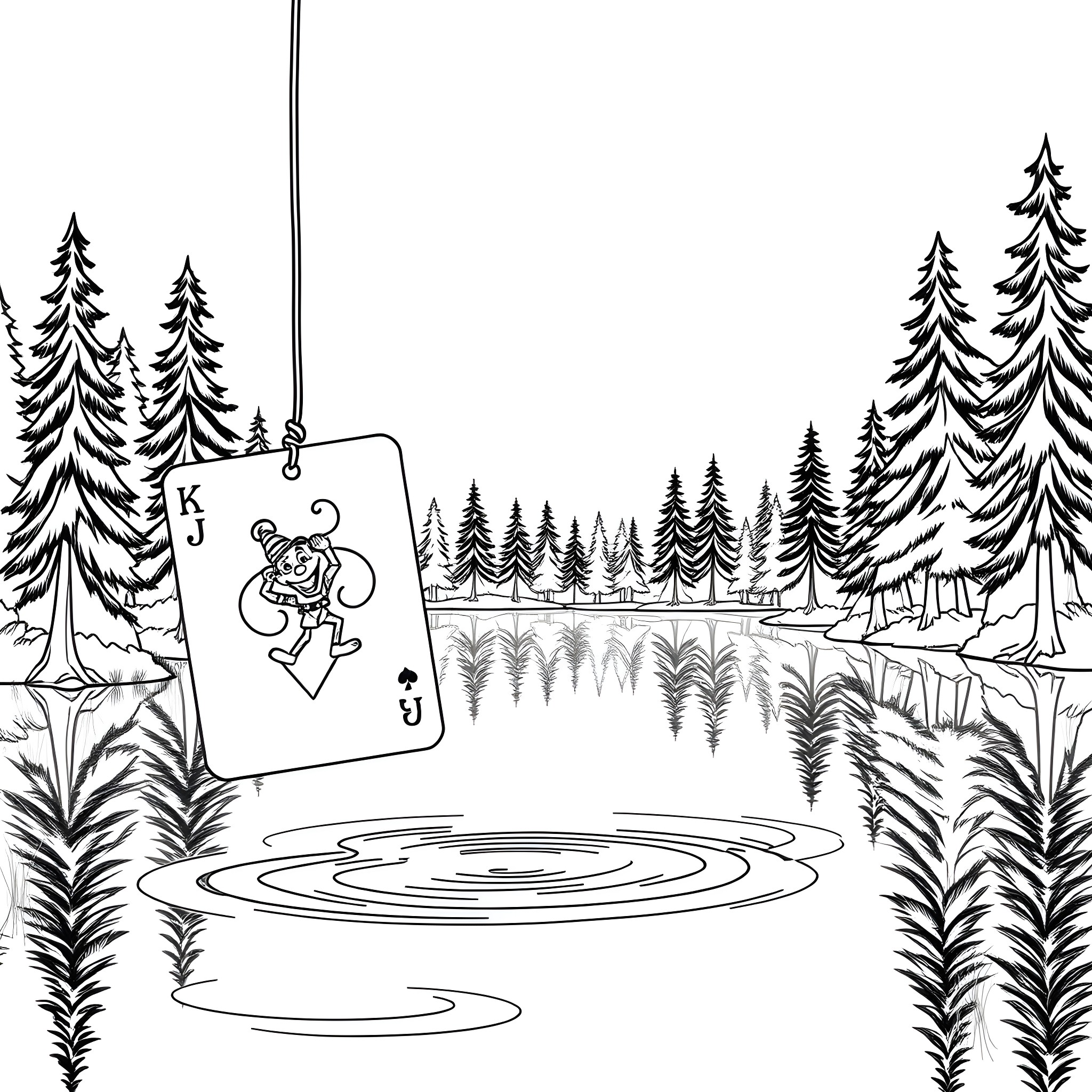 Joker playing in a magical forest landscape Coloring Page (free black-and-white line drawing printable PDF for all, from beginners to advanced learners, including children, teens, adults, and seniors)