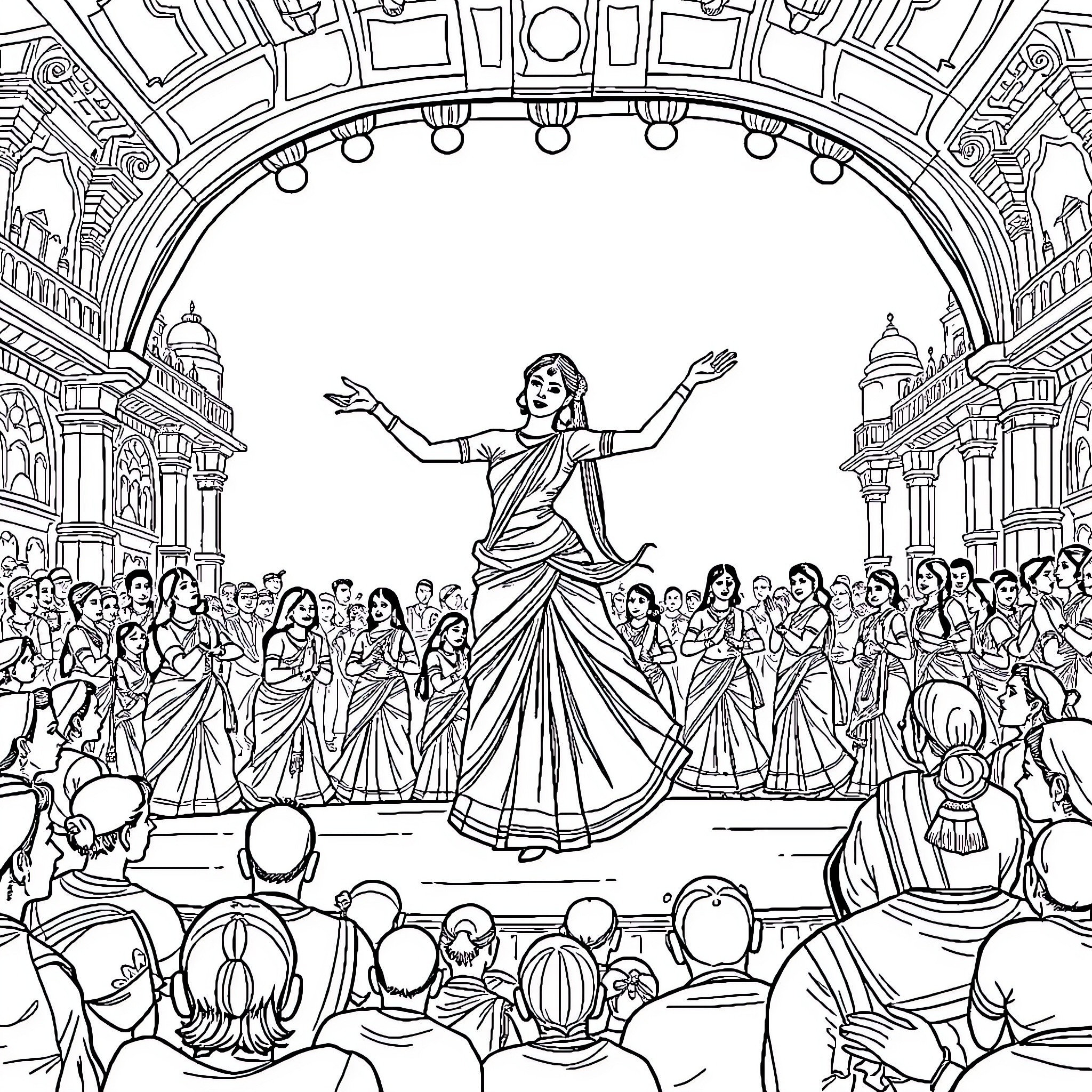 Artist depicts ceremonial dance performance in ornate venue Coloring Page (free black-and-white line drawing printable PDF for all, from beginners to advanced learners, including children, teens, adults, and seniors)