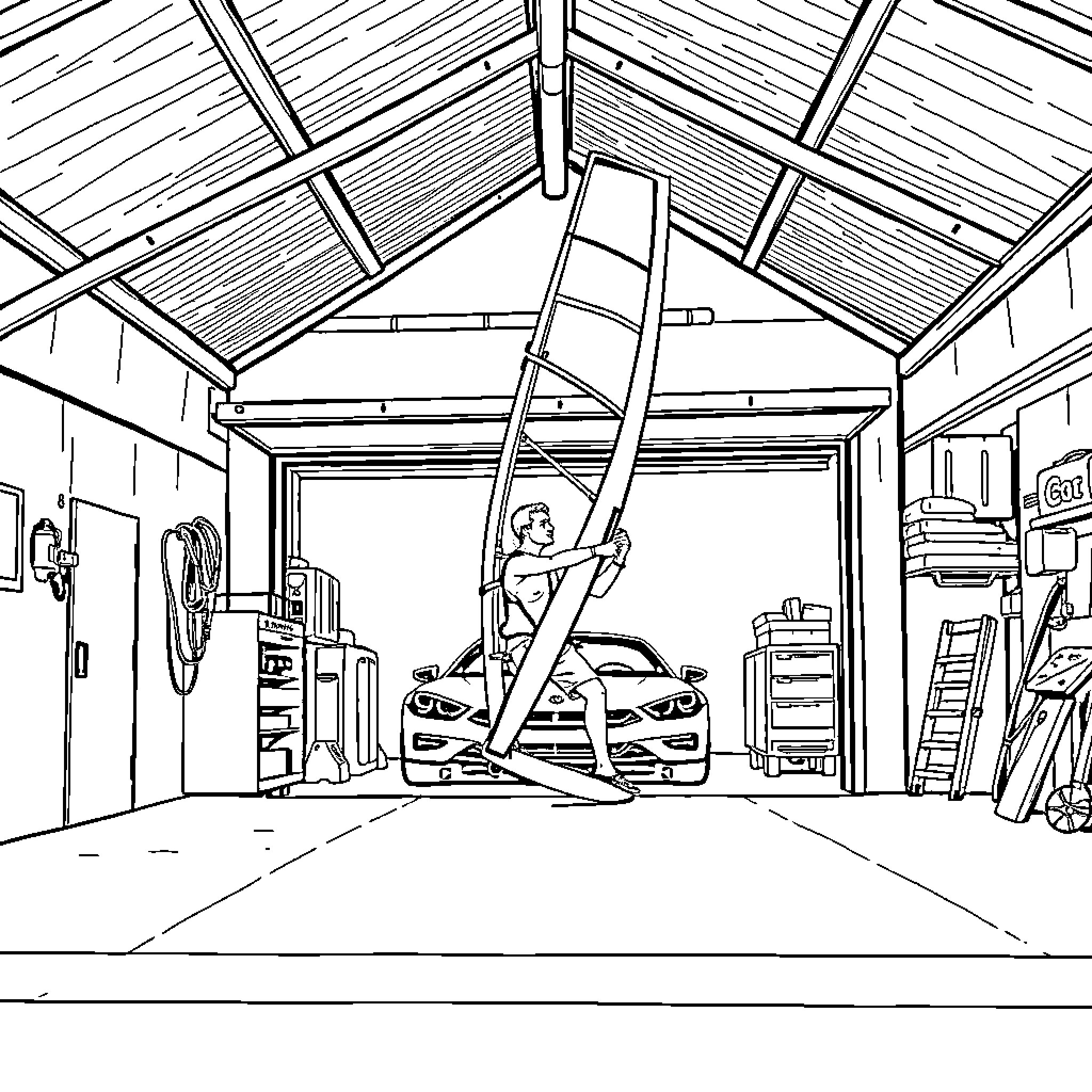 Man working in a cluttered garage workshop Coloring Page (free black-and-white line drawing printable PDF for all, from beginners to advanced learners, including children, teens, adults, and seniors)