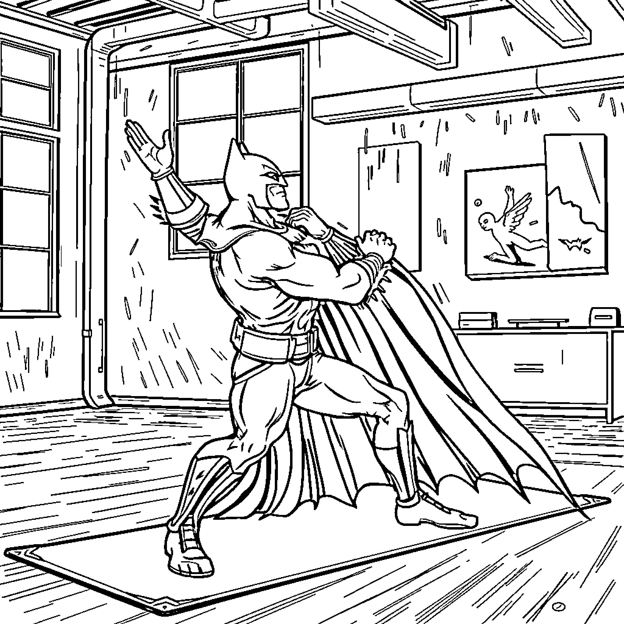 Yoga with superhero poses in a studio setting Coloring Page (free black-and-white line drawing printable PDF for all, from beginners to advanced learners, including children, teens, adults, and seniors)