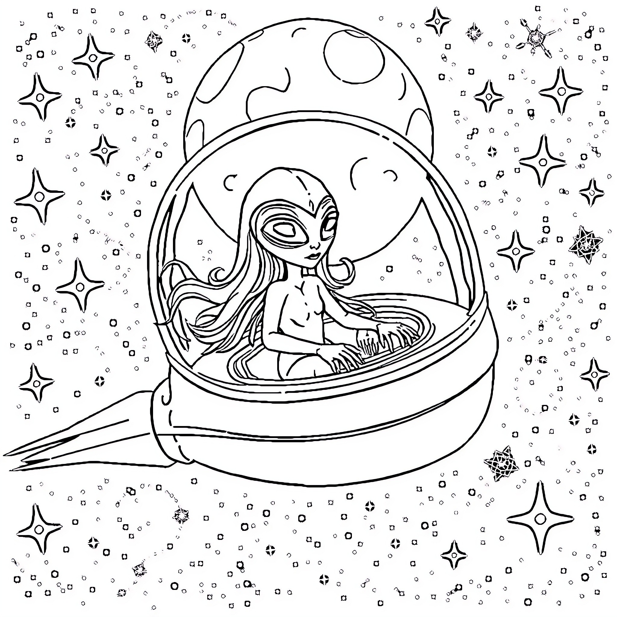 Alien Girl in Celestial Capsule Coloring Page (free black-and-white line drawing printable PDF for all, from beginners to advanced learners, including children, teens, adults, and seniors)