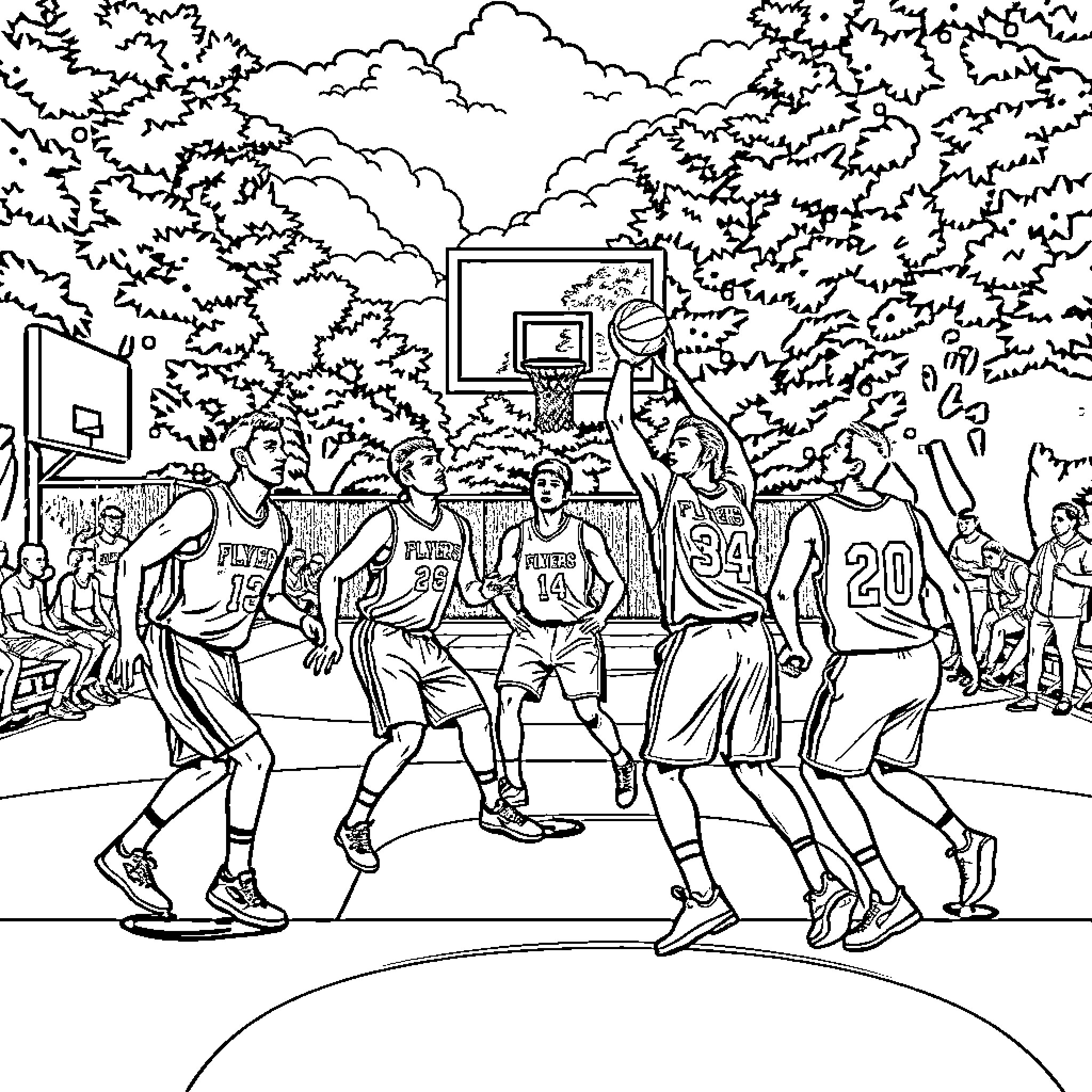 Flyer of a Basketball Game in the Park Coloring Page (free black-and-white line drawing printable PDF for all, from beginners to advanced learners, including children, teens, adults, and seniors)