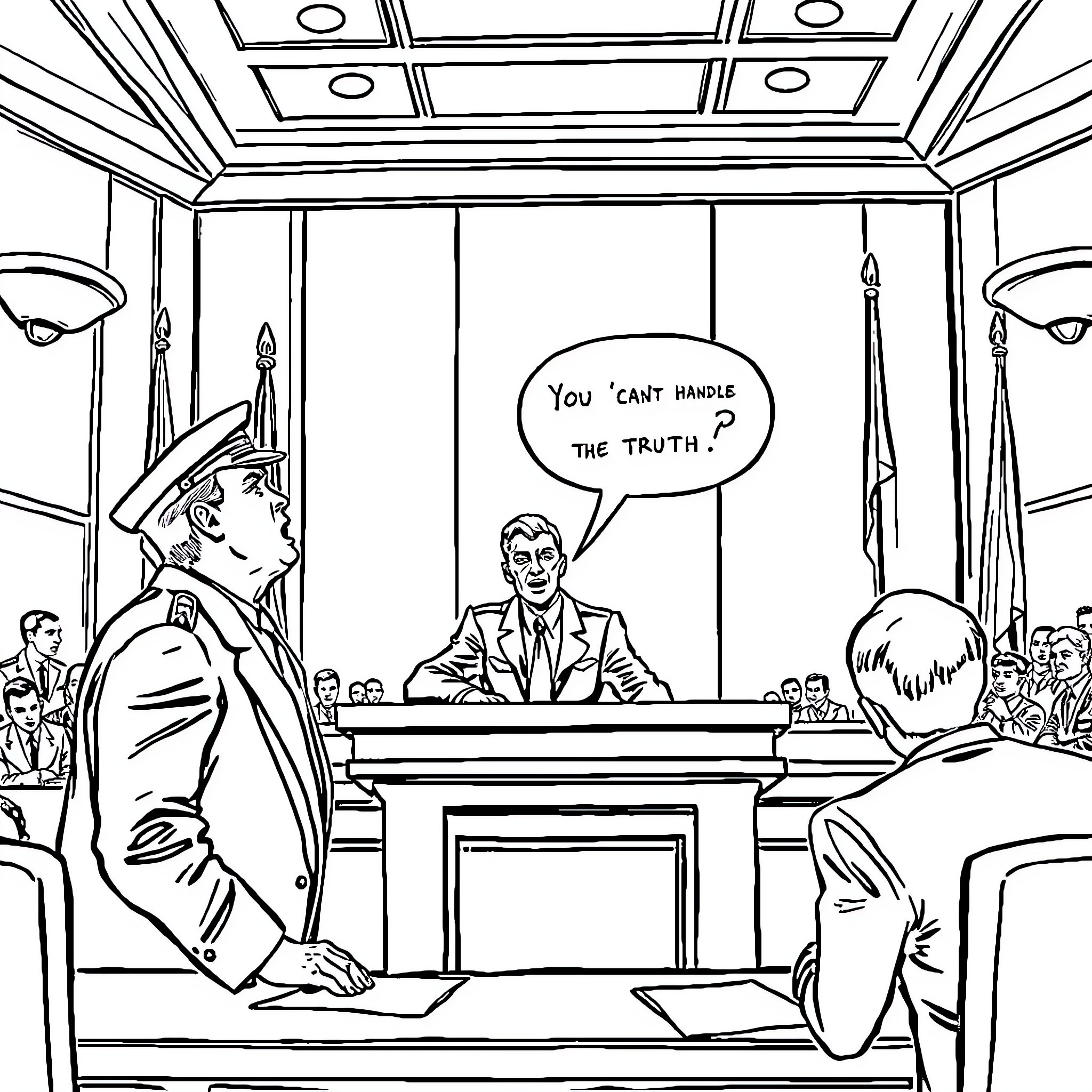 A Few Good Men Debating the Truth in Court Coloring Page (free black-and-white line drawing printable PDF for all, from beginners to advanced learners, including children, teens, adults, and seniors)