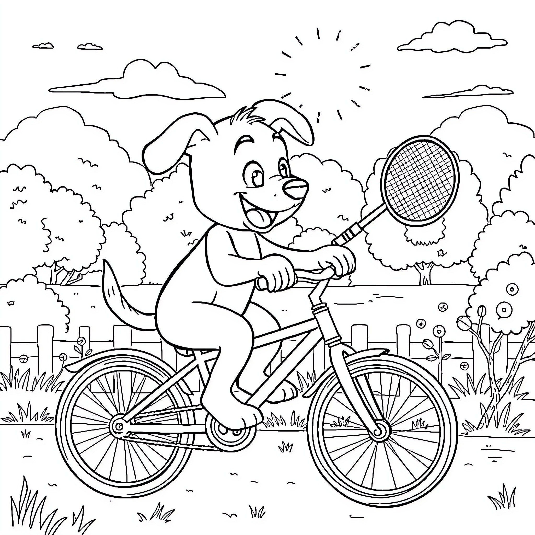 Bluey joyfully cycling and exploring the outdoors Coloring Page (free black-and-white line drawing printable PDF for all, from beginners to advanced learners, including children, teens, adults, and seniors)