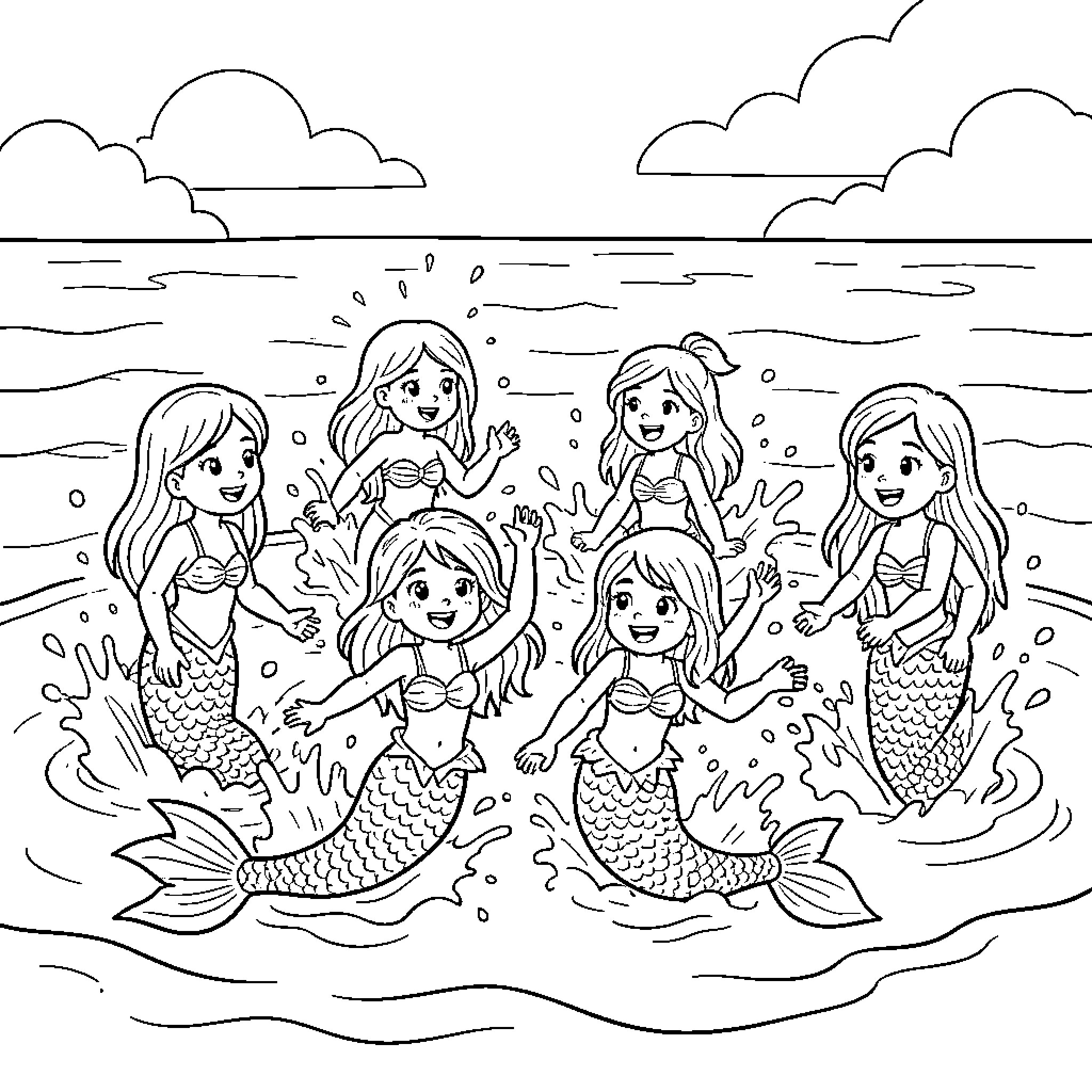 Mermaid group playing and splashing in the ocean waves Coloring Page (free black-and-white line drawing printable PDF for all, from beginners to advanced learners, including children, teens, adults, and seniors)