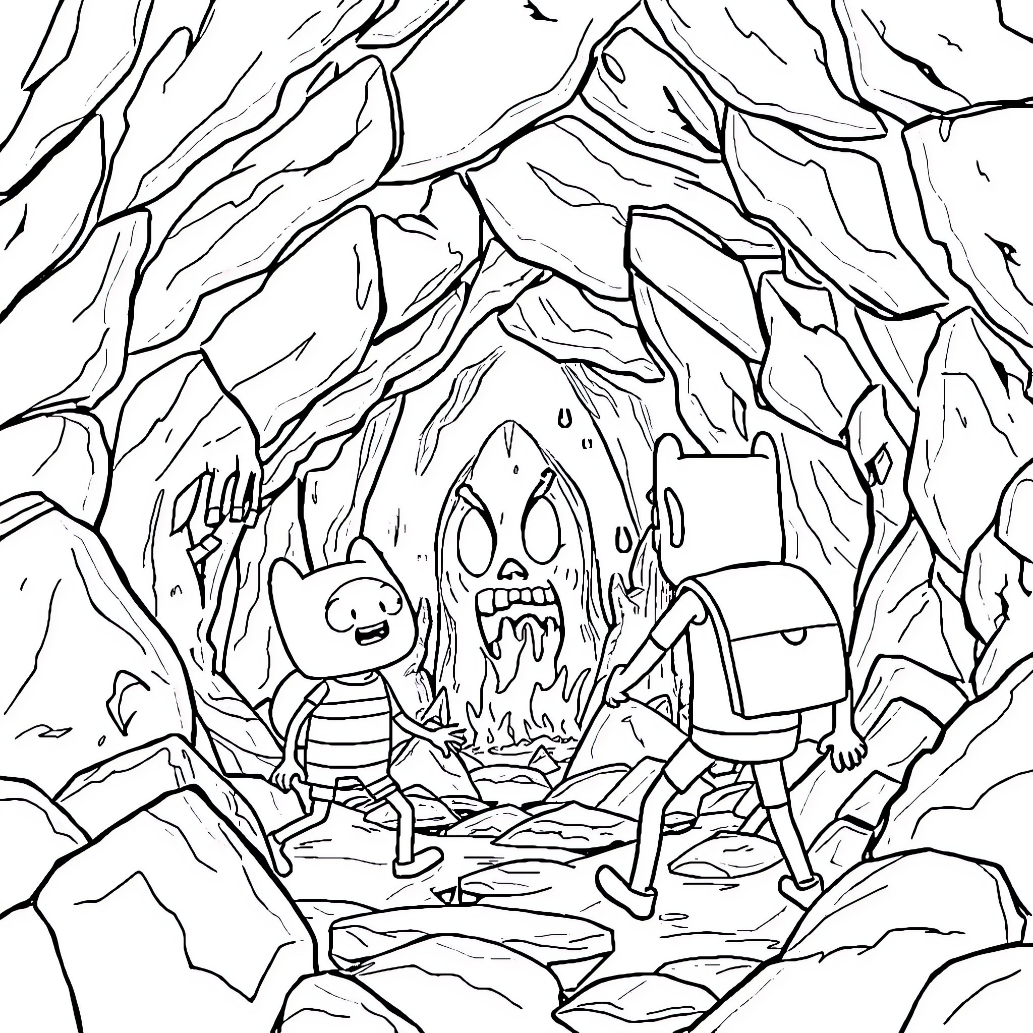 Jake and Finn exploring an ominous cave Coloring Page (free black-and-white line drawing printable PDF for all, from beginners to advanced learners, including children, teens, adults, and seniors)