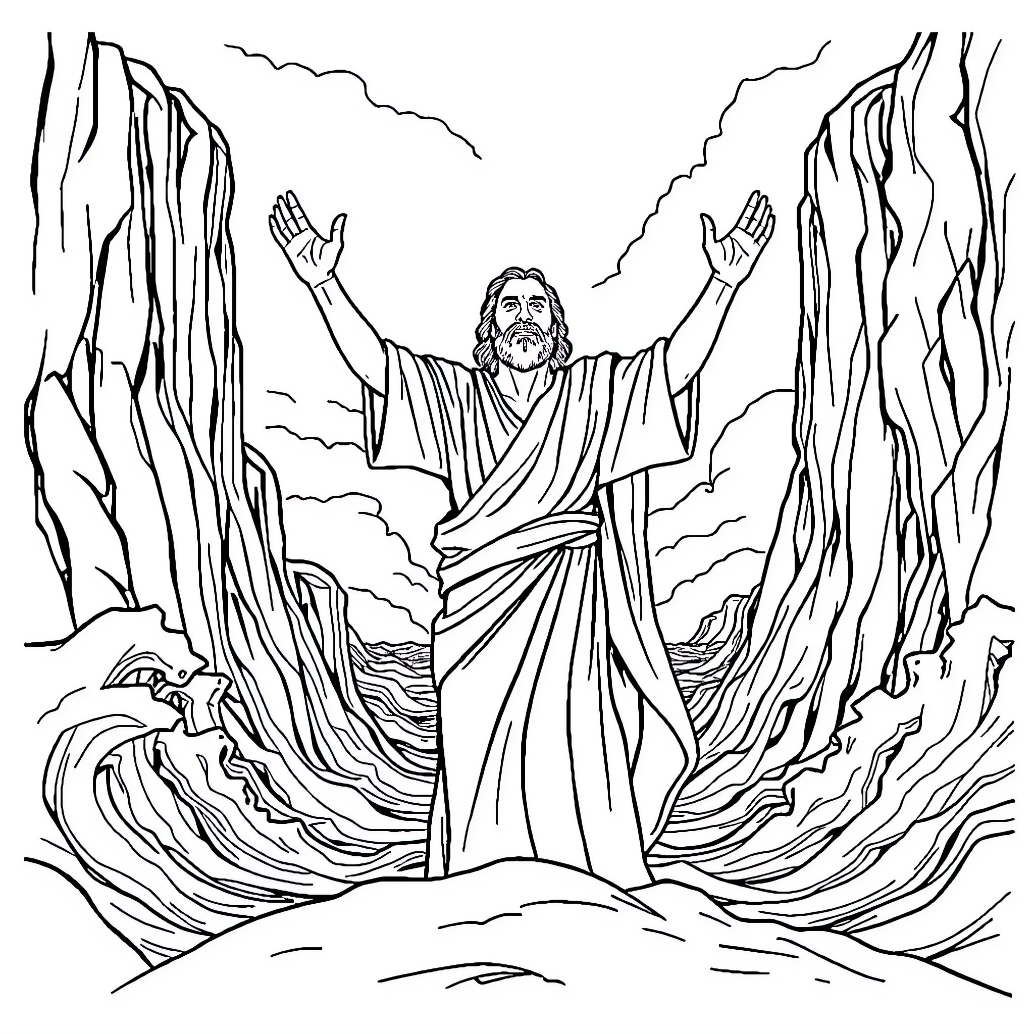 Moses parting the sea with outstretched arms Coloring Page (free black-and-white line drawing printable PDF for all, from beginners to advanced learners, including children, teens, adults, and seniors)