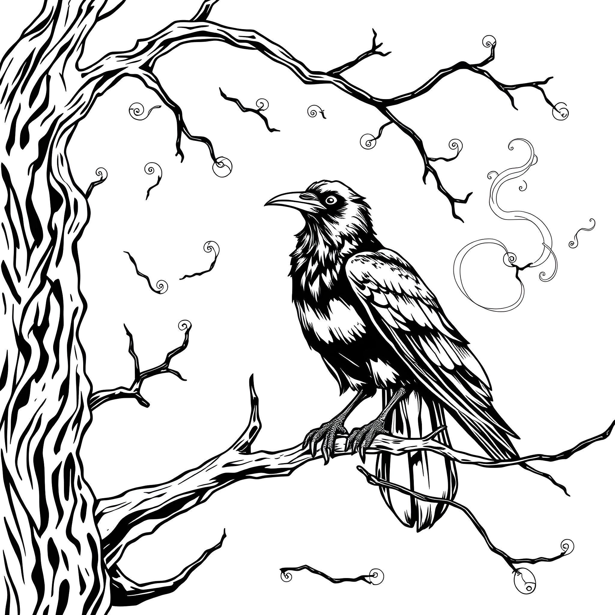 Raven perched on twisted tree branch Coloring Page (free black-and-white line drawing printable PDF for all, from beginners to advanced learners, including children, teens, adults, and seniors)