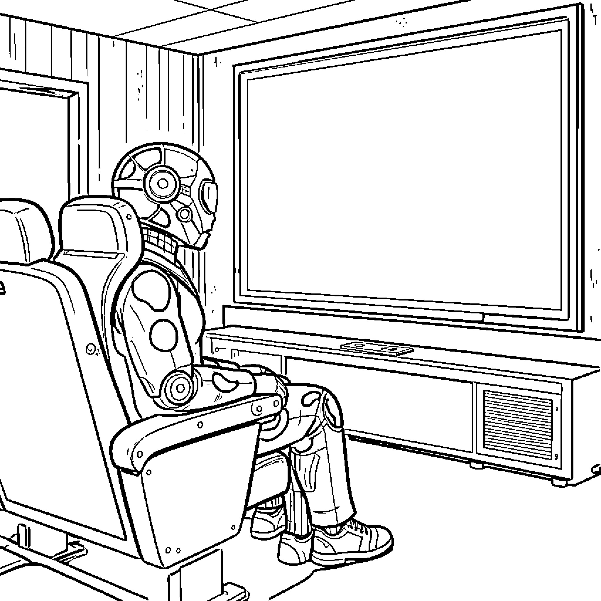Calico character sitting in front of movie theater screen Coloring Page (free black-and-white line drawing printable PDF for all, from beginners to advanced learners, including children, teens, adults, and seniors)
