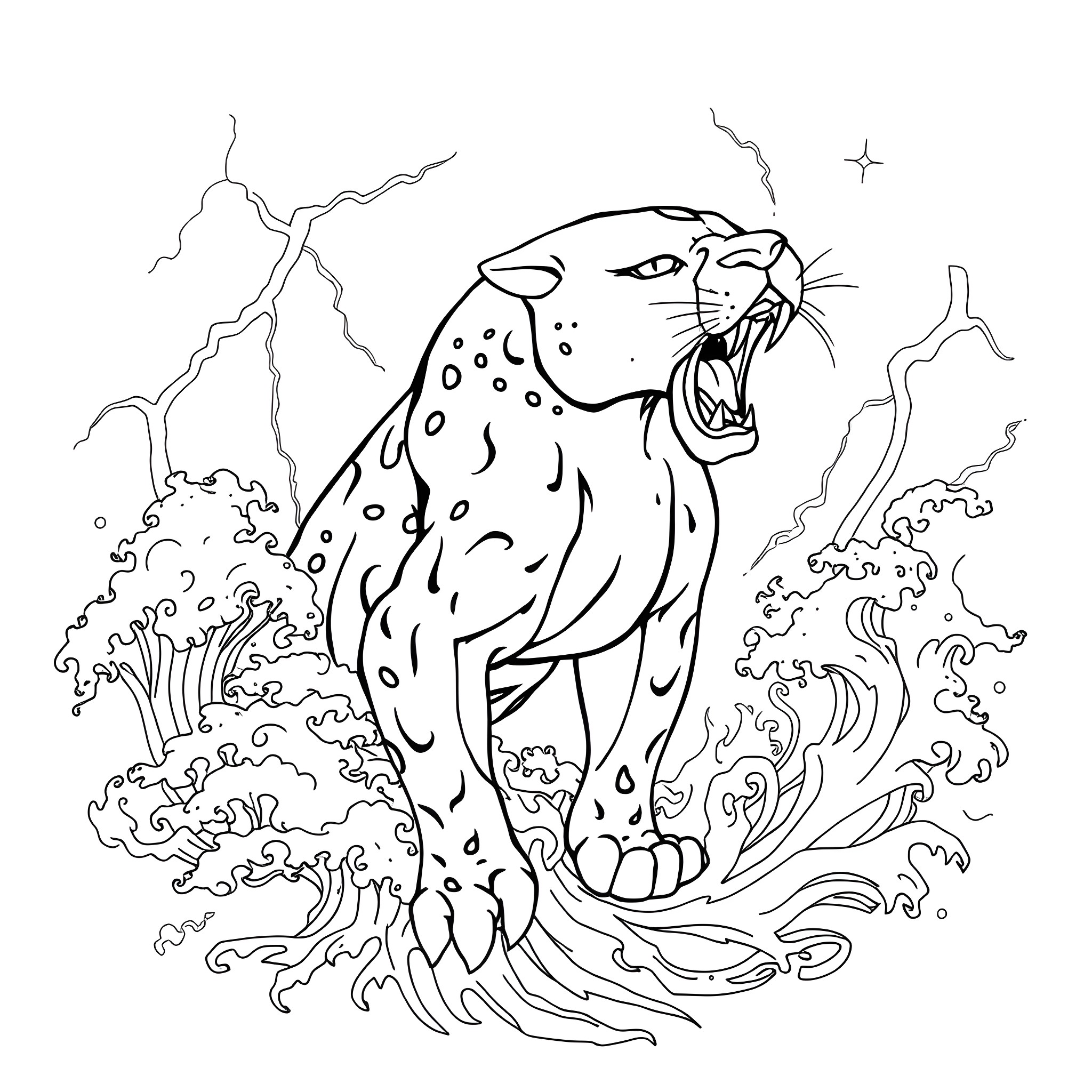 Mishipeshu Roaring Amidst Stormy Waves Coloring Page (free black-and-white line drawing printable PDF for all, from beginners to advanced learners, including children, teens, adults, and seniors)