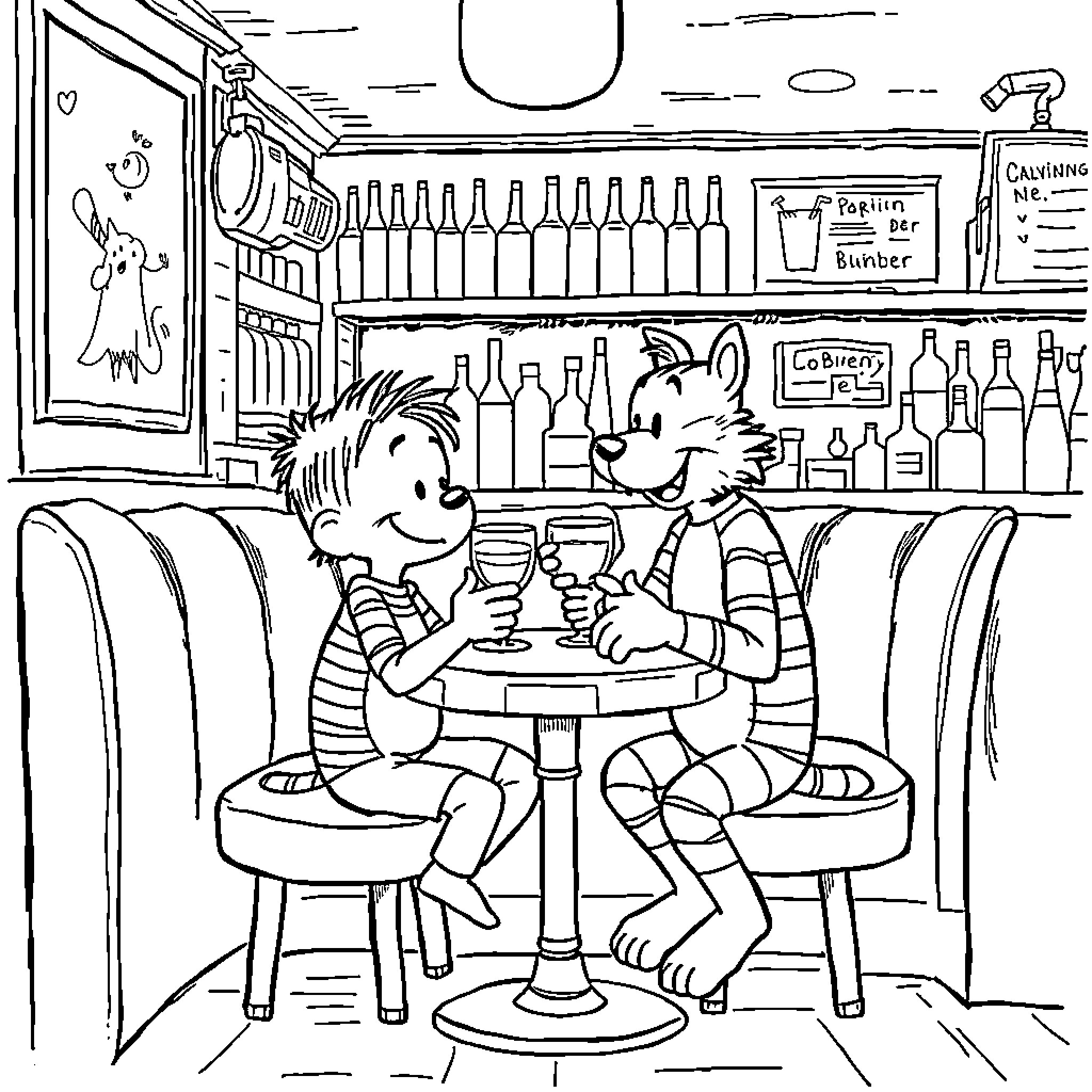 Calvin and Hobbes enjoying milkshakes at the diner Coloring Page (free black-and-white line drawing printable PDF for all, from beginners to advanced learners, including children, teens, adults, and seniors)