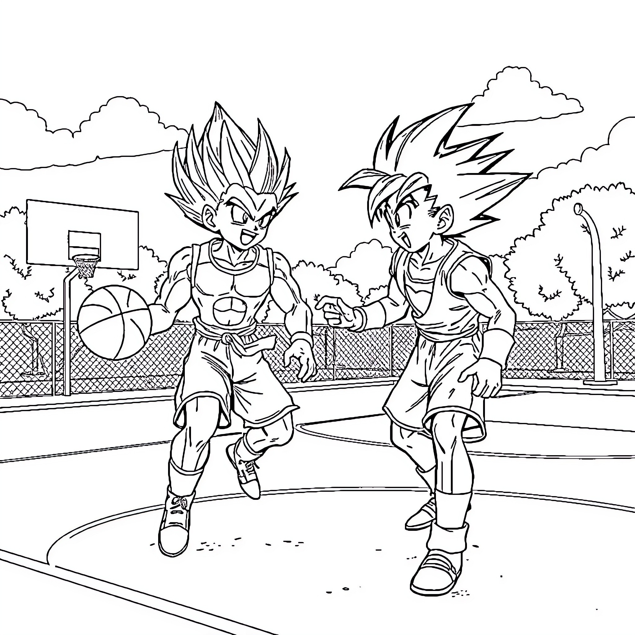 Goku and friends playing basketball on the court Coloring Page (free black-and-white line drawing printable PDF for all, from beginners to advanced learners, including children, teens, adults, and seniors)