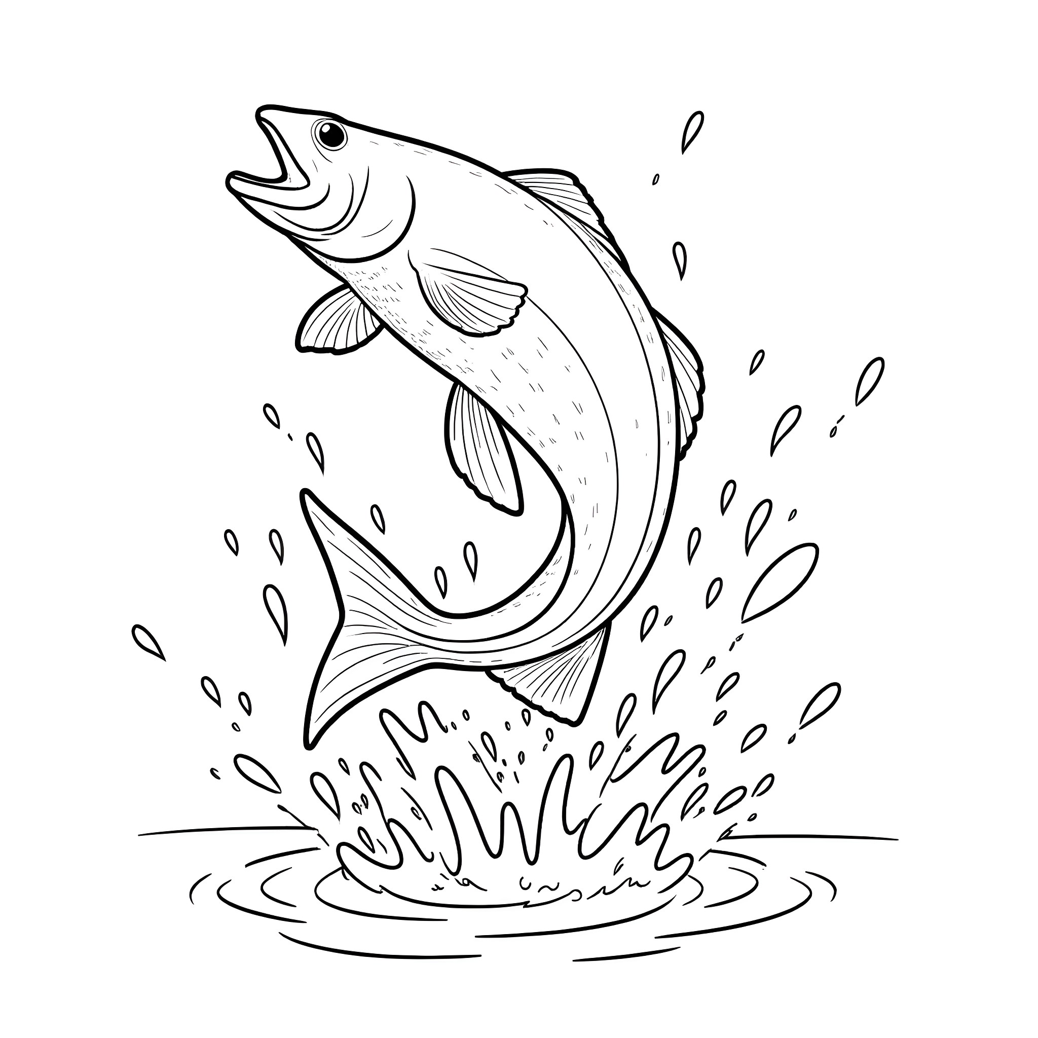 Catfish jumping out of water Coloring Page (free black-and-white line drawing printable PDF for all, from beginners to advanced learners, including children, teens, adults, and seniors)