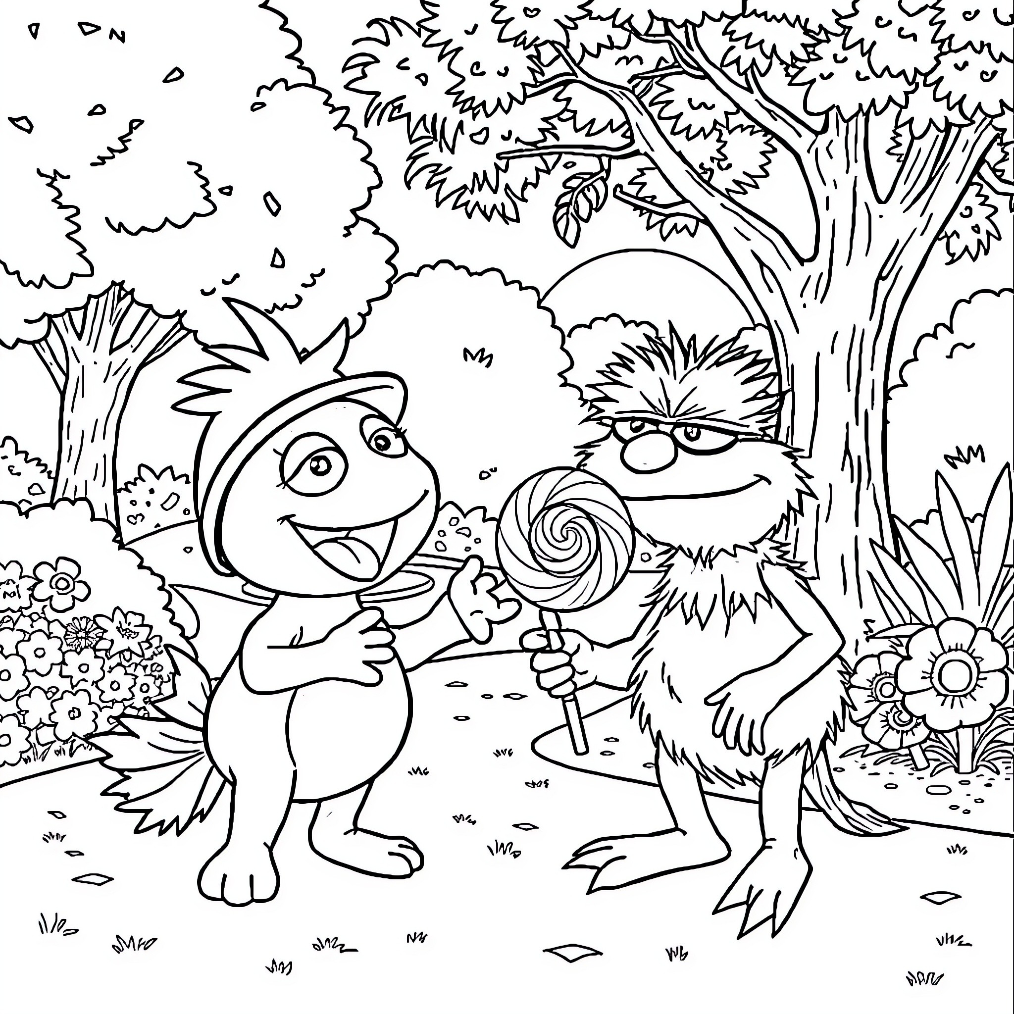 Trubbish having a happy adventure in the forest Coloring Page (free black-and-white line drawing printable PDF for all, from beginners to advanced learners, including children, teens, adults, and seniors)