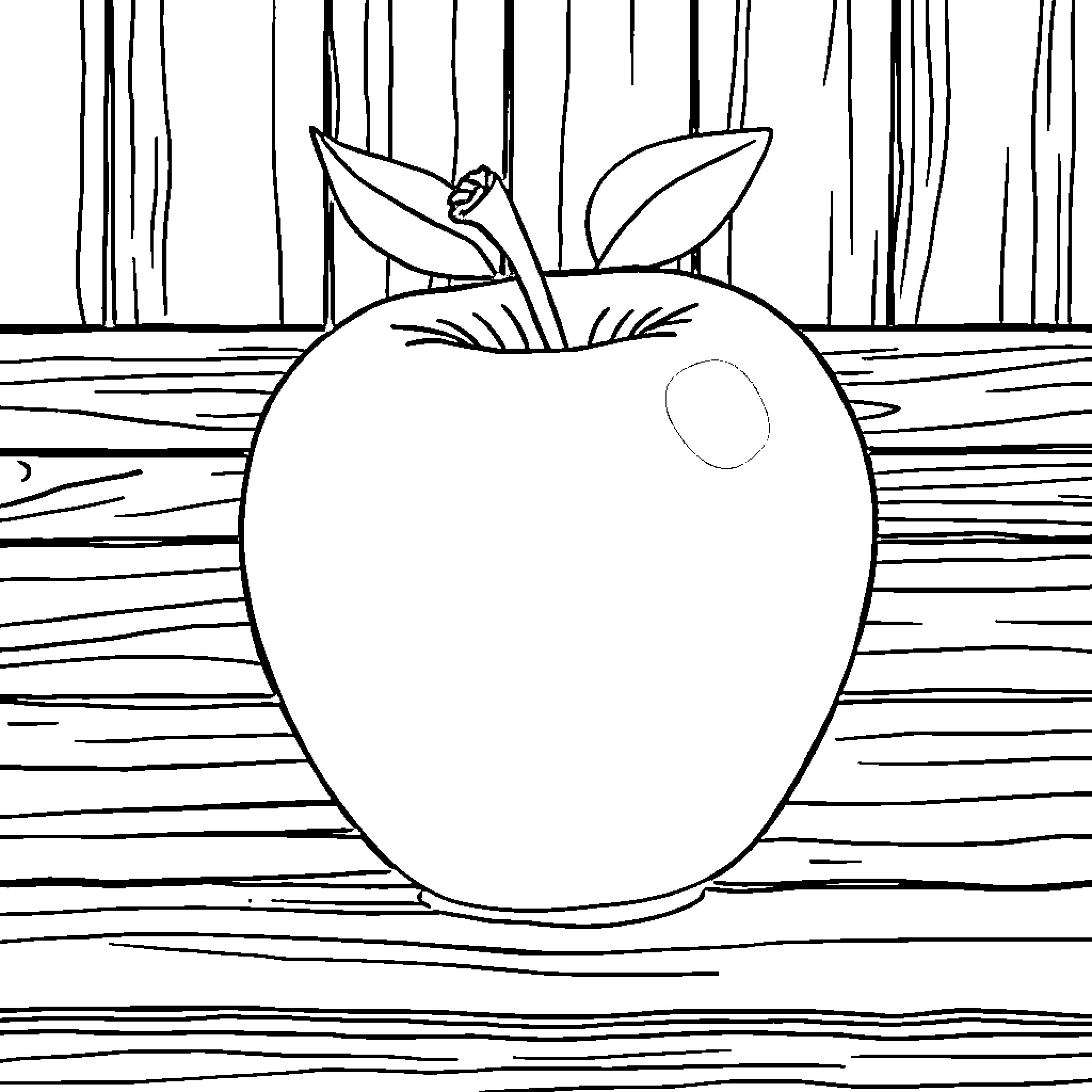 Apple on a Wooden Surface Coloring Page (free black-and-white line drawing printable PDF for all, from beginners to advanced learners, including children, teens, adults, and seniors)