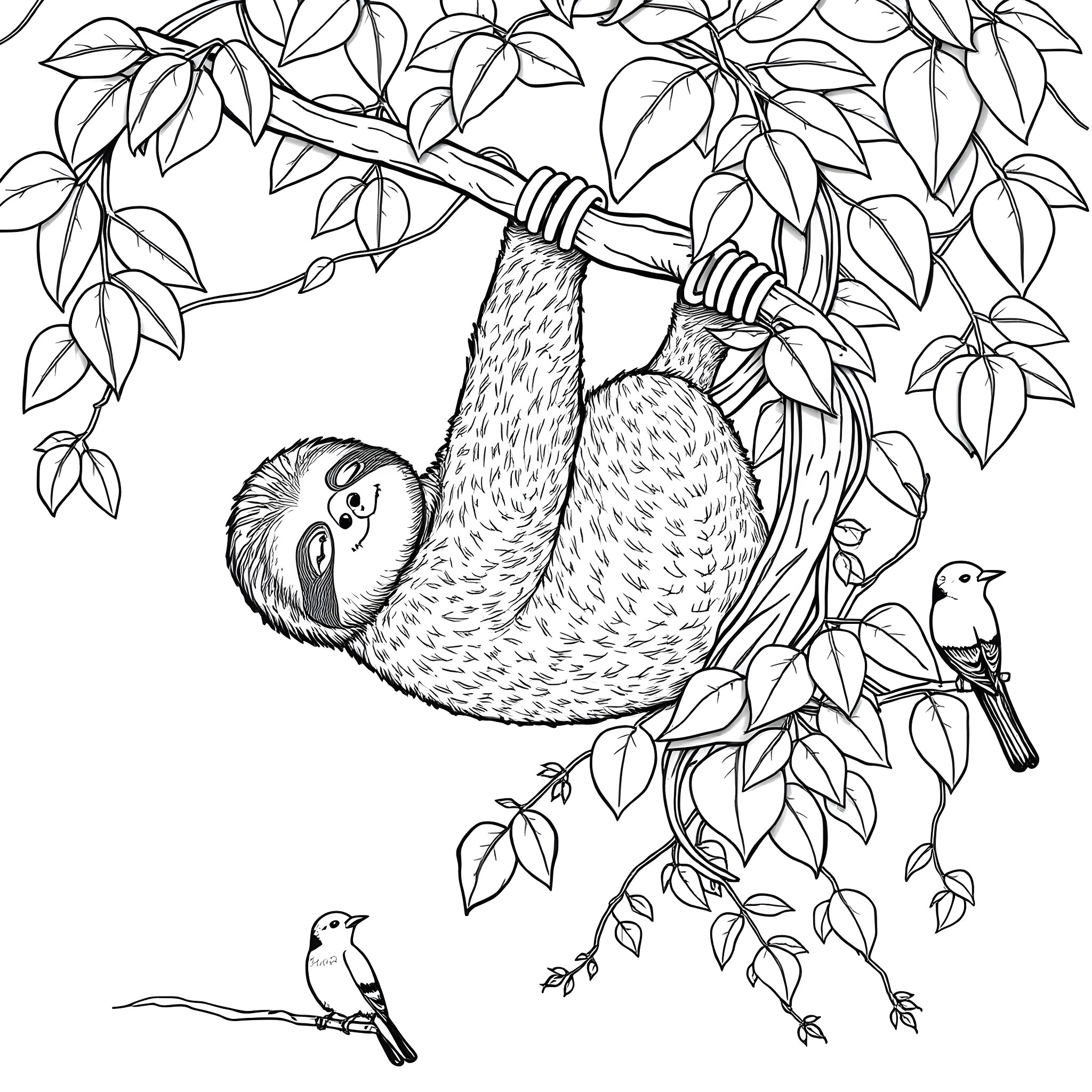 Sloth relaxing peacefully in the foliage Coloring Page (free black-and-white line drawing printable PDF for all, from beginners to advanced learners, including children, teens, adults, and seniors)