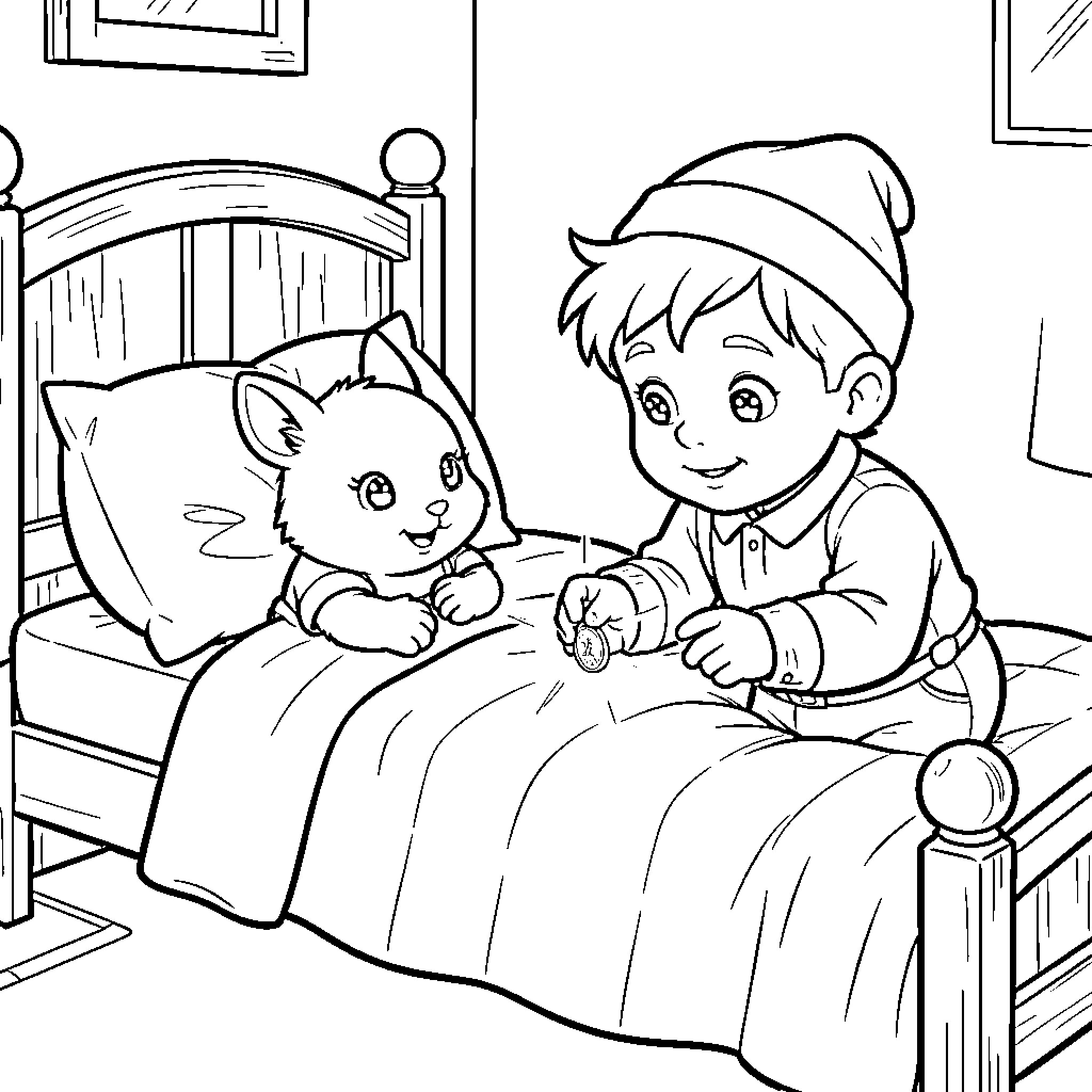 Ratoncito Pérez comforting a child in bed Coloring Page (free black-and-white line drawing printable PDF for all, from beginners to advanced learners, including children, teens, adults, and seniors)