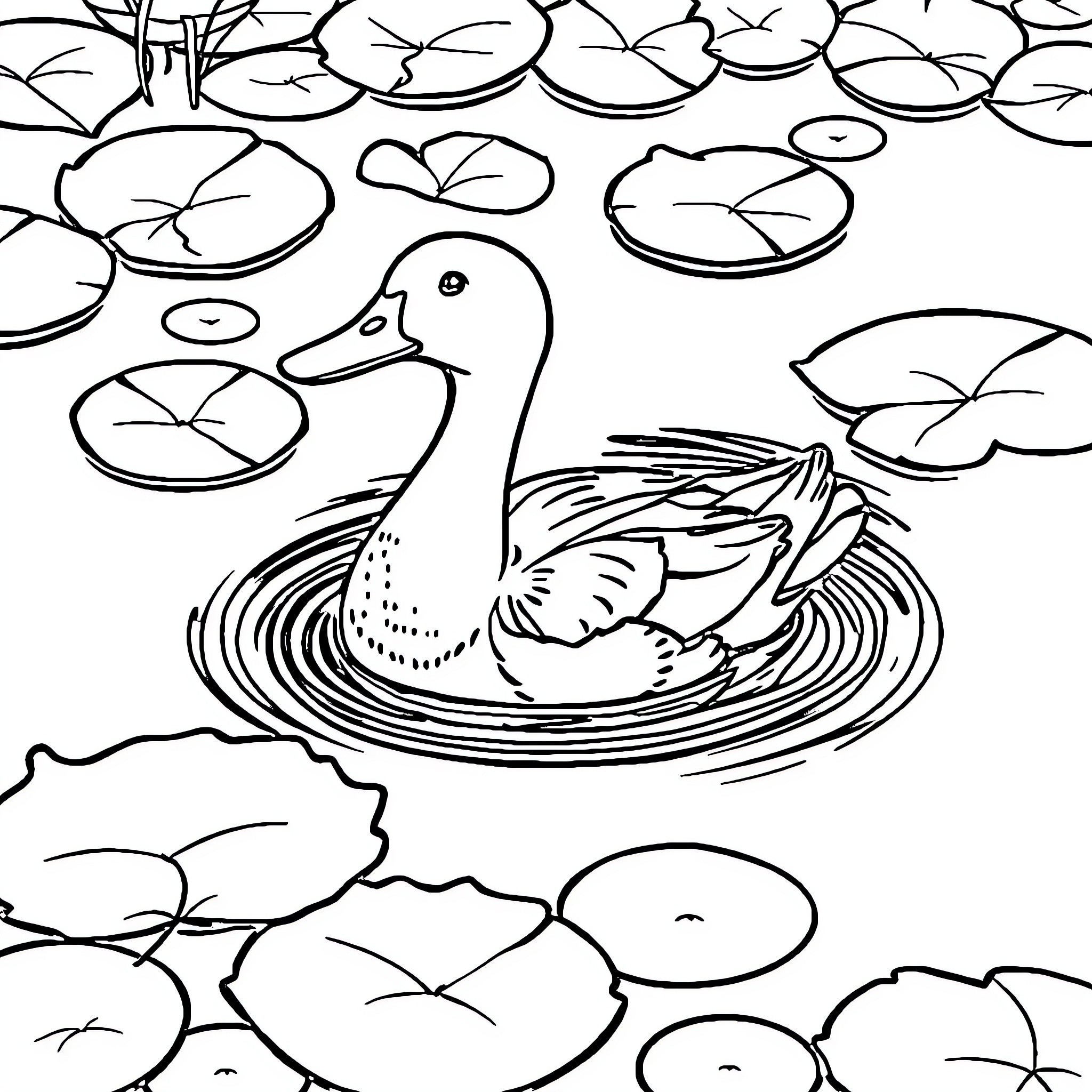 Duck swimming among lily pads Coloring Page (free black-and-white line drawing printable PDF for all, from beginners to advanced learners, including children, teens, adults, and seniors)
