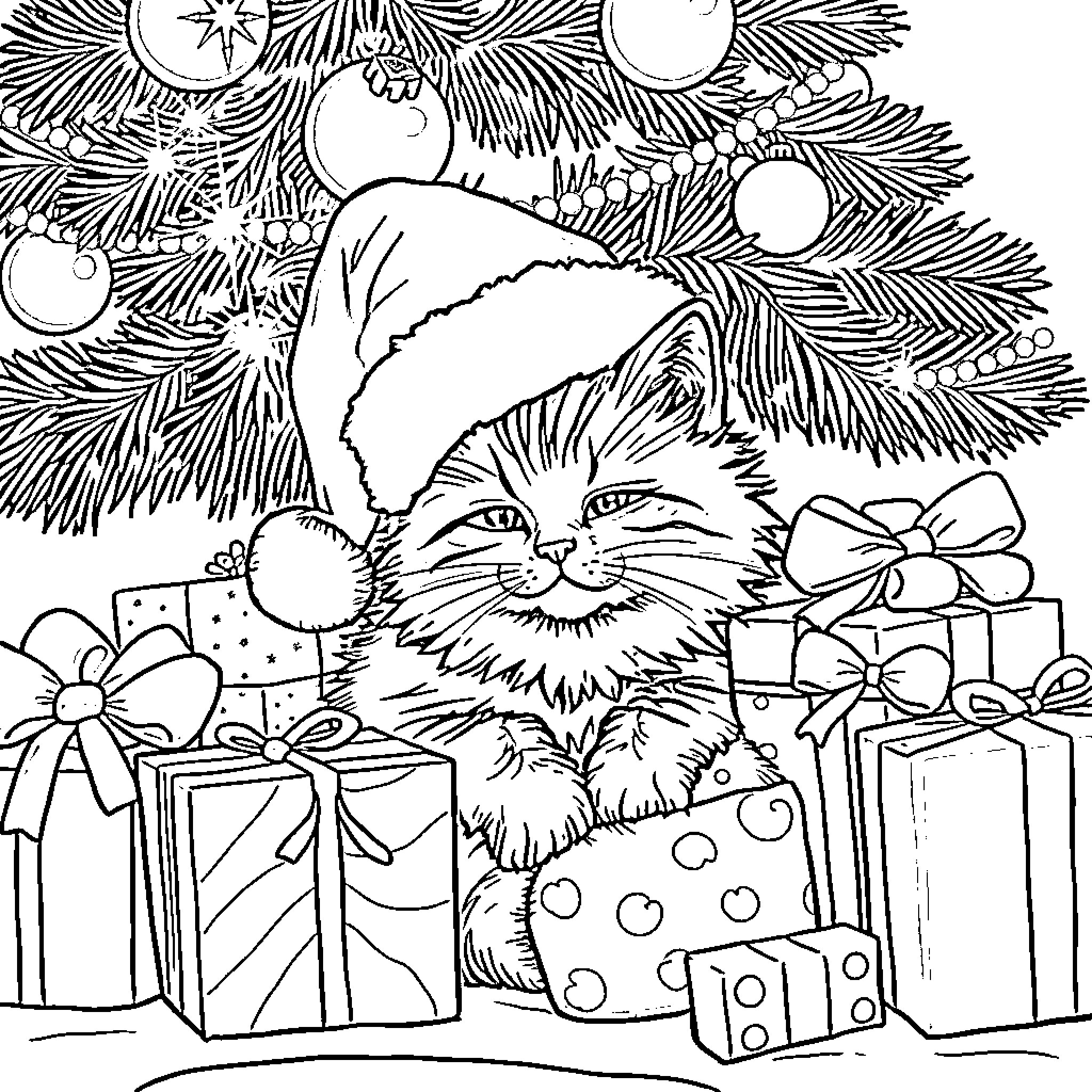 Cat enjoying Christmas festivities Coloring Page (free black-and-white line drawing printable PDF for all, from beginners to advanced learners, including children, teens, adults, and seniors)