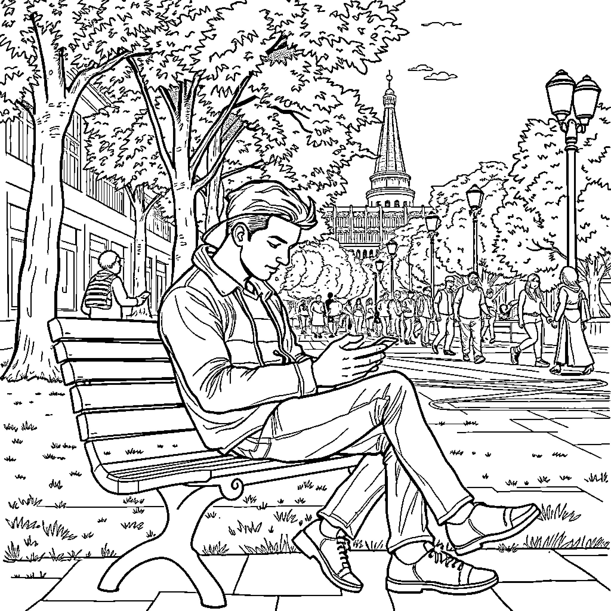 Guy reading a book in a city park Coloring Page (free black-and-white line drawing printable PDF for all, from beginners to advanced learners, including children, teens, adults, and seniors)