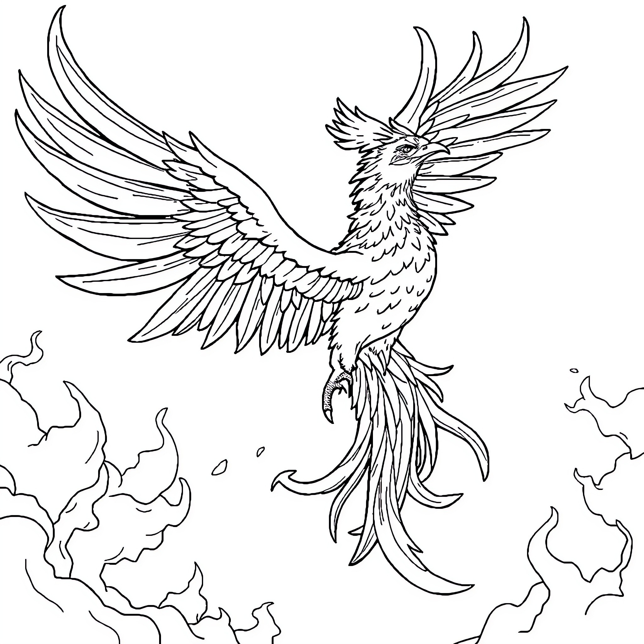 Phoenix soaring through the clouds Coloring Page (free black-and-white line drawing printable PDF for all, from beginners to advanced learners, including children, teens, adults, and seniors)