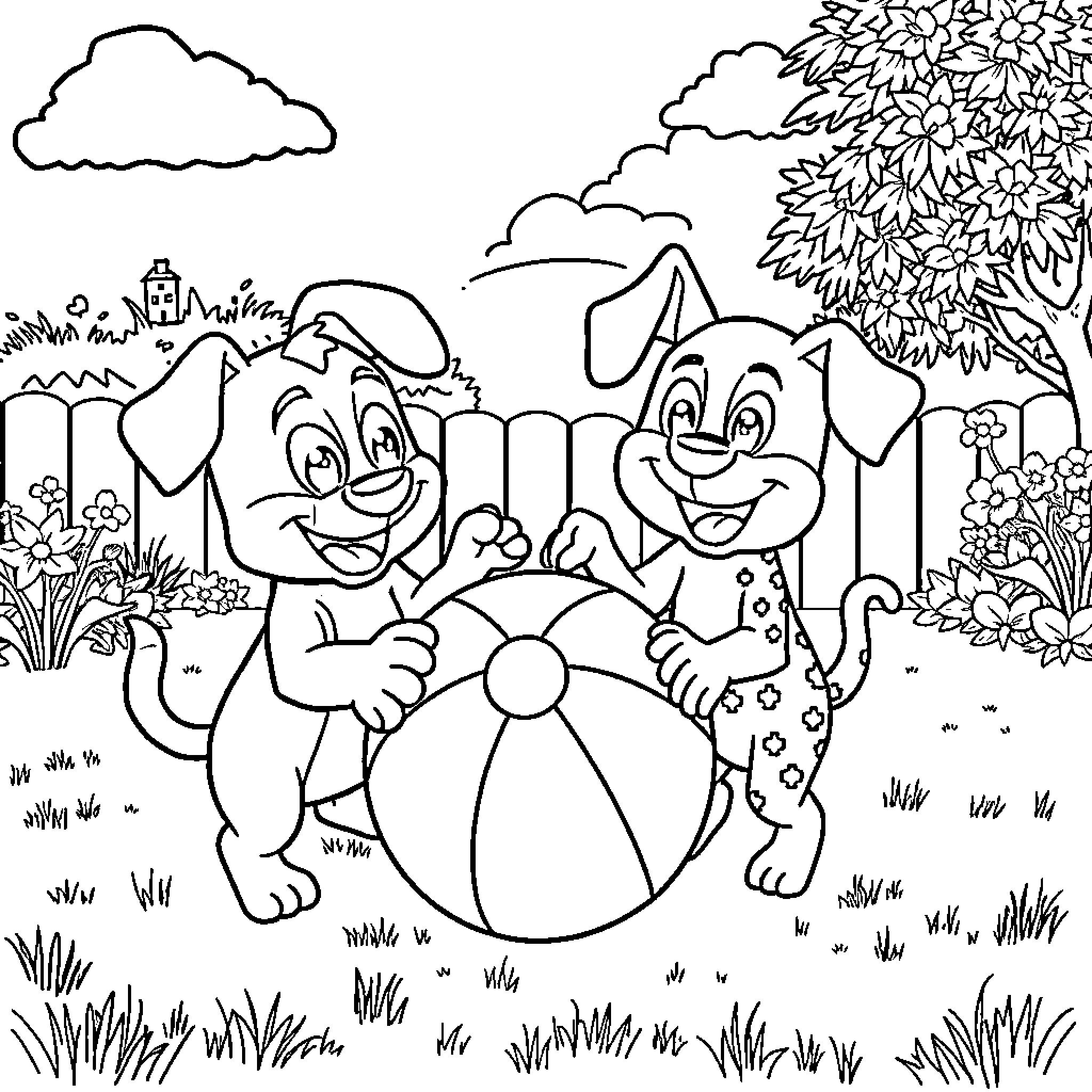 Bluey and Bingo playing with a beach ball in the backyard Coloring Page (free black-and-white line drawing printable PDF for all, from beginners to advanced learners, including children, teens, adults, and seniors)