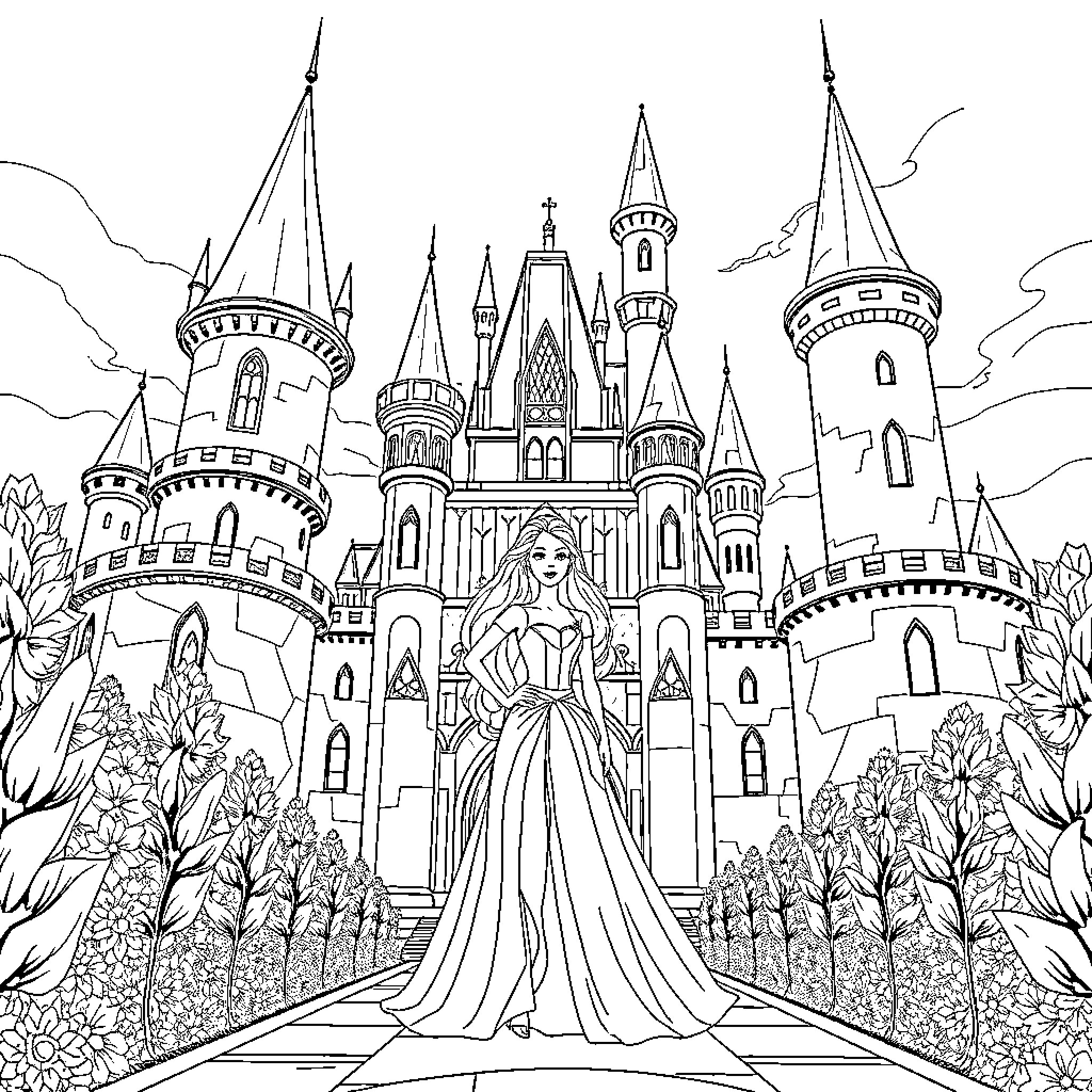 Barbie in a Magical Castle Scene Coloring Page (free black-and-white line drawing printable PDF for all, from beginners to advanced learners, including children, teens, adults, and seniors)