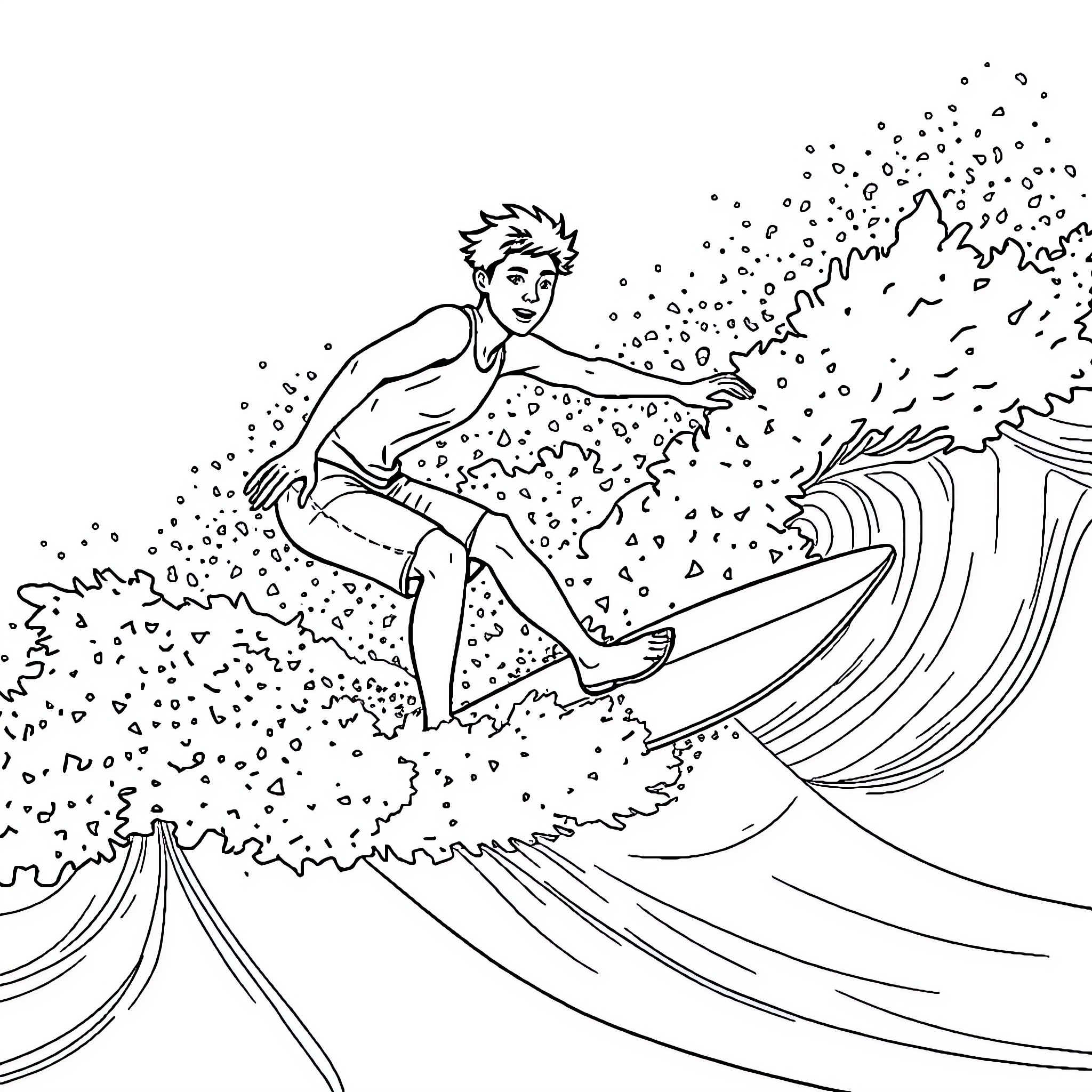 Man riding surfboard in crashing waves Coloring Page (free black-and-white line drawing printable PDF for all, from beginners to advanced learners, including children, teens, adults, and seniors)