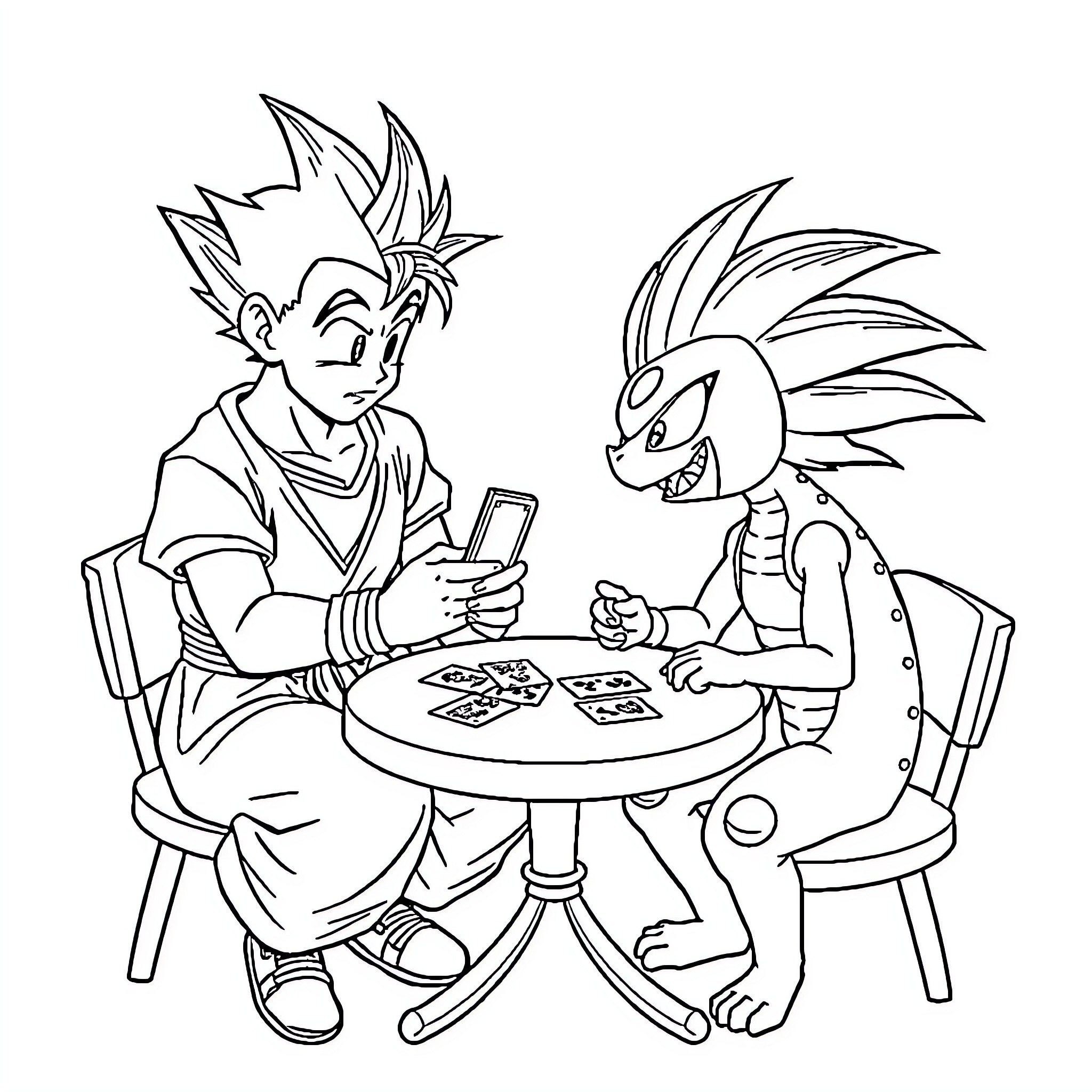 Gohan and Hedgehog Friend Playing Card Game Coloring Page (free black-and-white line drawing printable PDF for all, from beginners to advanced learners, including children, teens, adults, and seniors)
