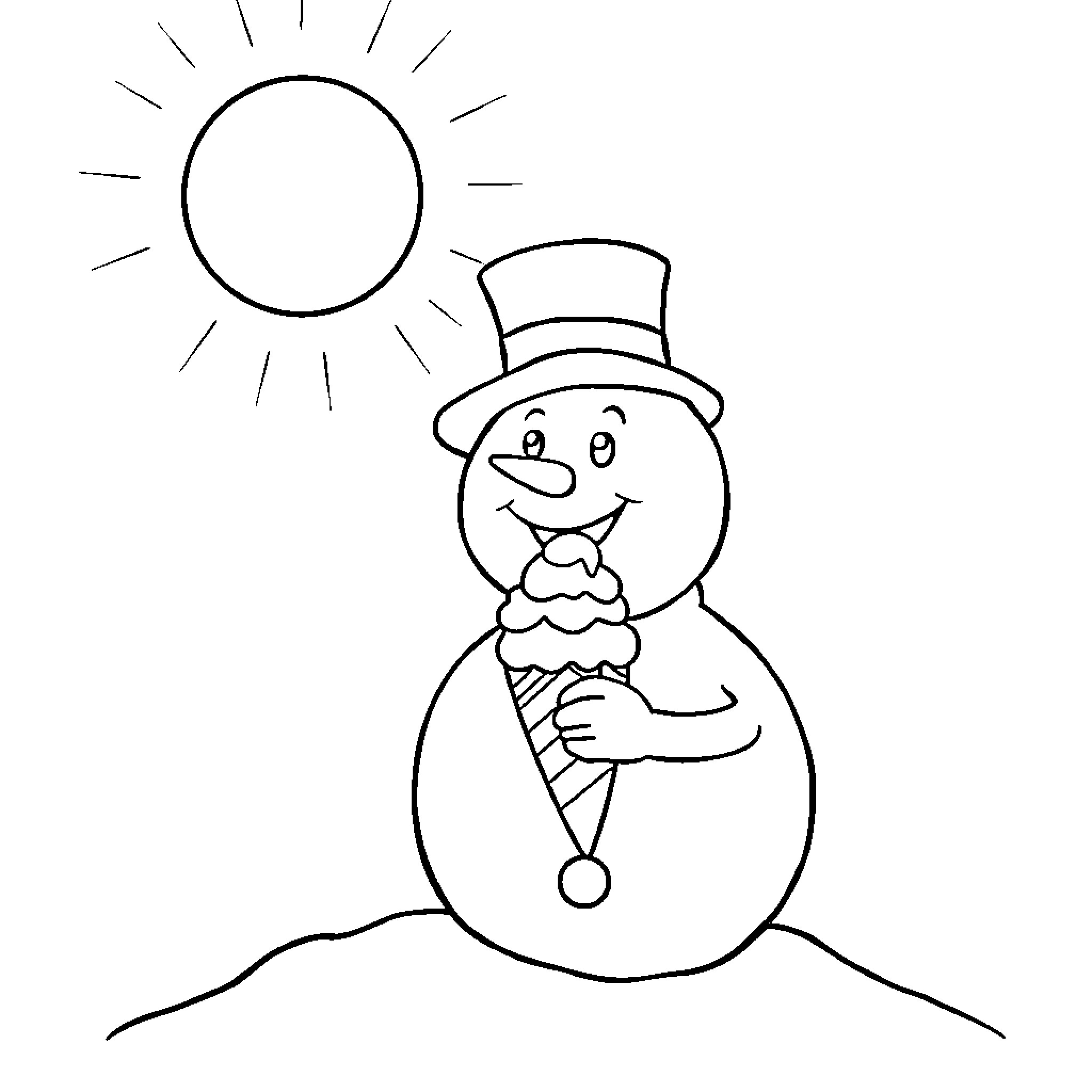 Snowman enjoying an ice cream cone in the sun Coloring Page (free black-and-white line drawing printable PDF for all, from beginners to advanced learners, including children, teens, adults, and seniors)