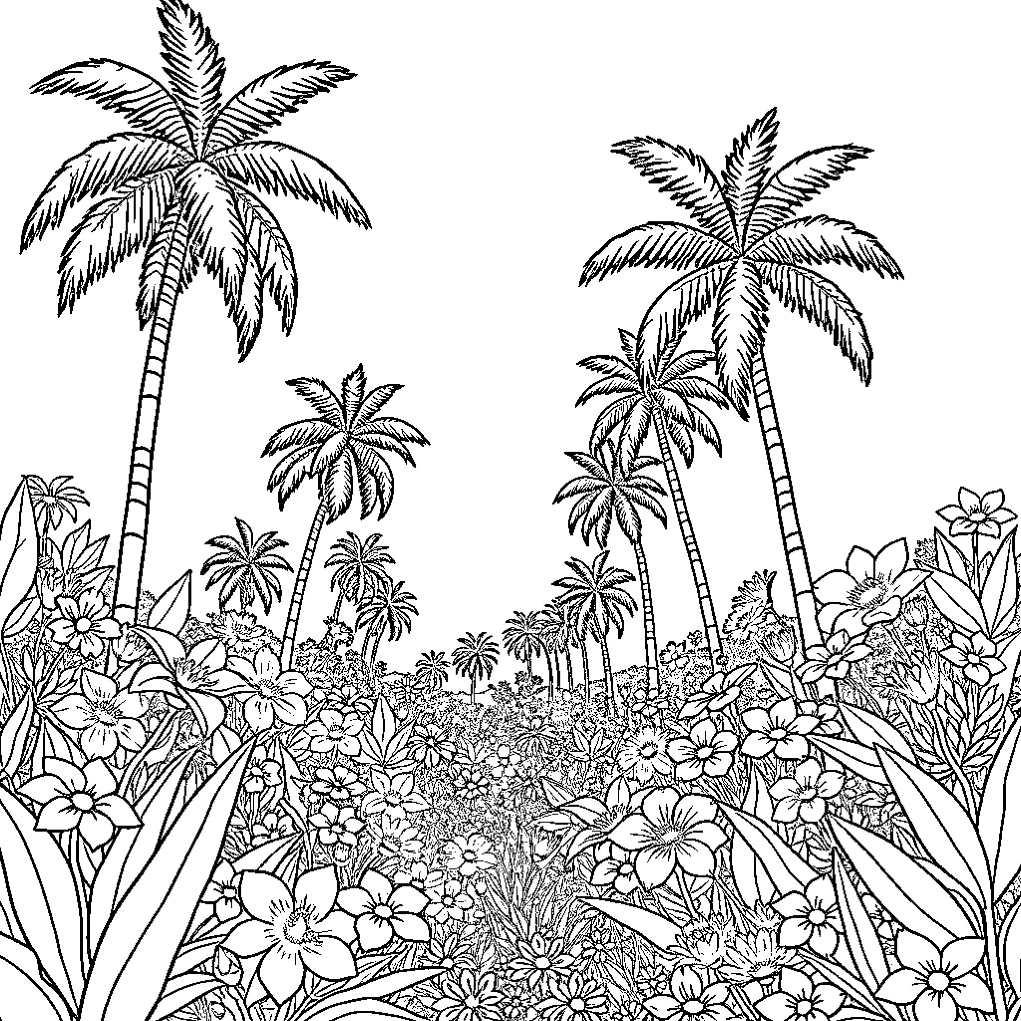 Paradise of Tropical Foliage and Blossoms Coloring Page (free black-and-white line drawing printable PDF for all, from beginners to advanced learners, including children, teens, adults, and seniors)