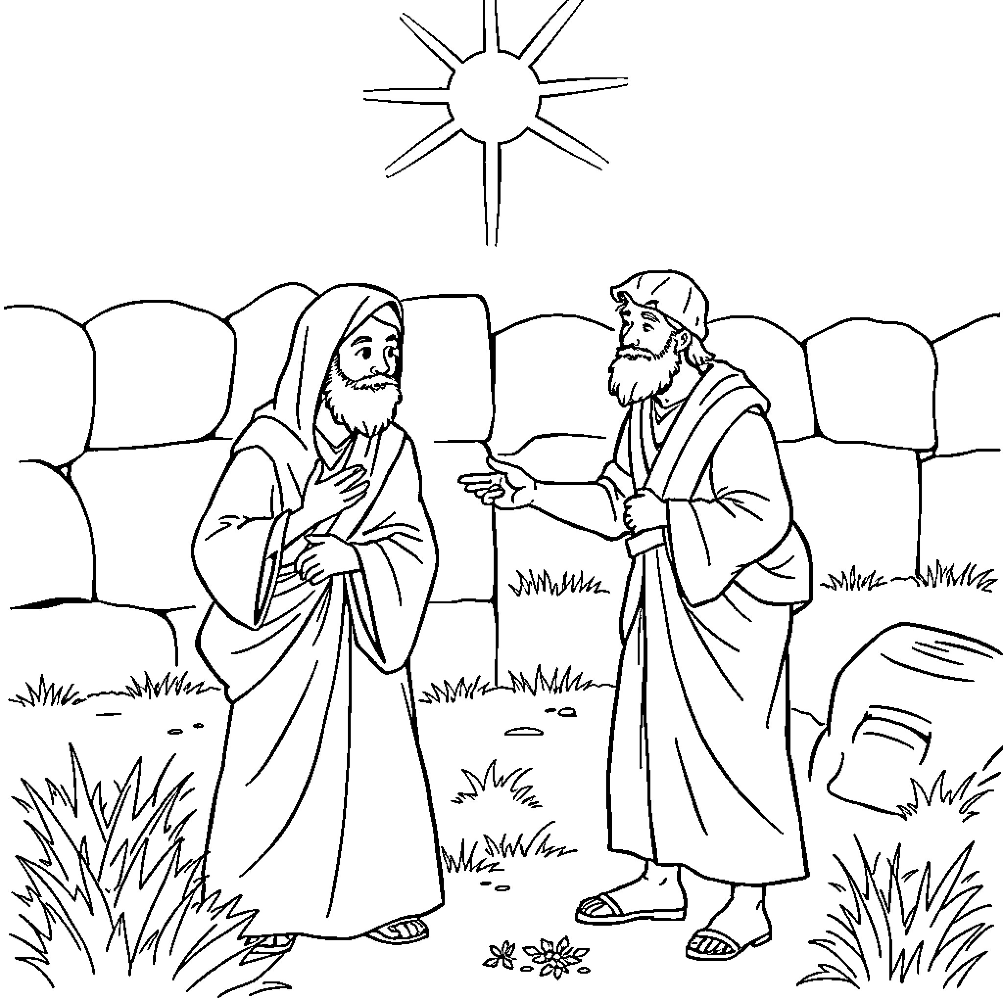 Samaritan offering aid to a traveler in the desert Coloring Page (free black-and-white line drawing printable PDF for all, from beginners to advanced learners, including children, teens, adults, and seniors)