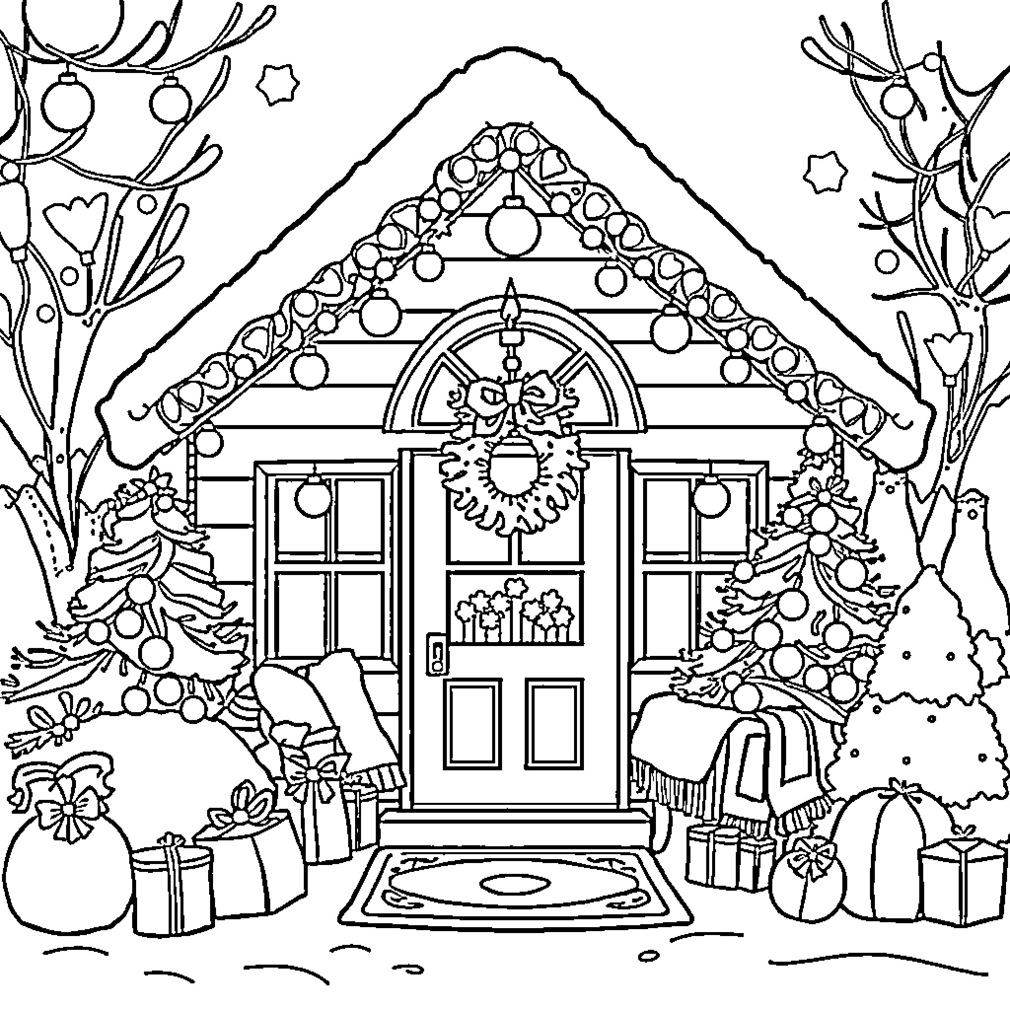 Home Decorated for Festive Celebration Coloring Page (free black-and-white line drawing printable PDF for all, from beginners to advanced learners, including children, teens, adults, and seniors)
