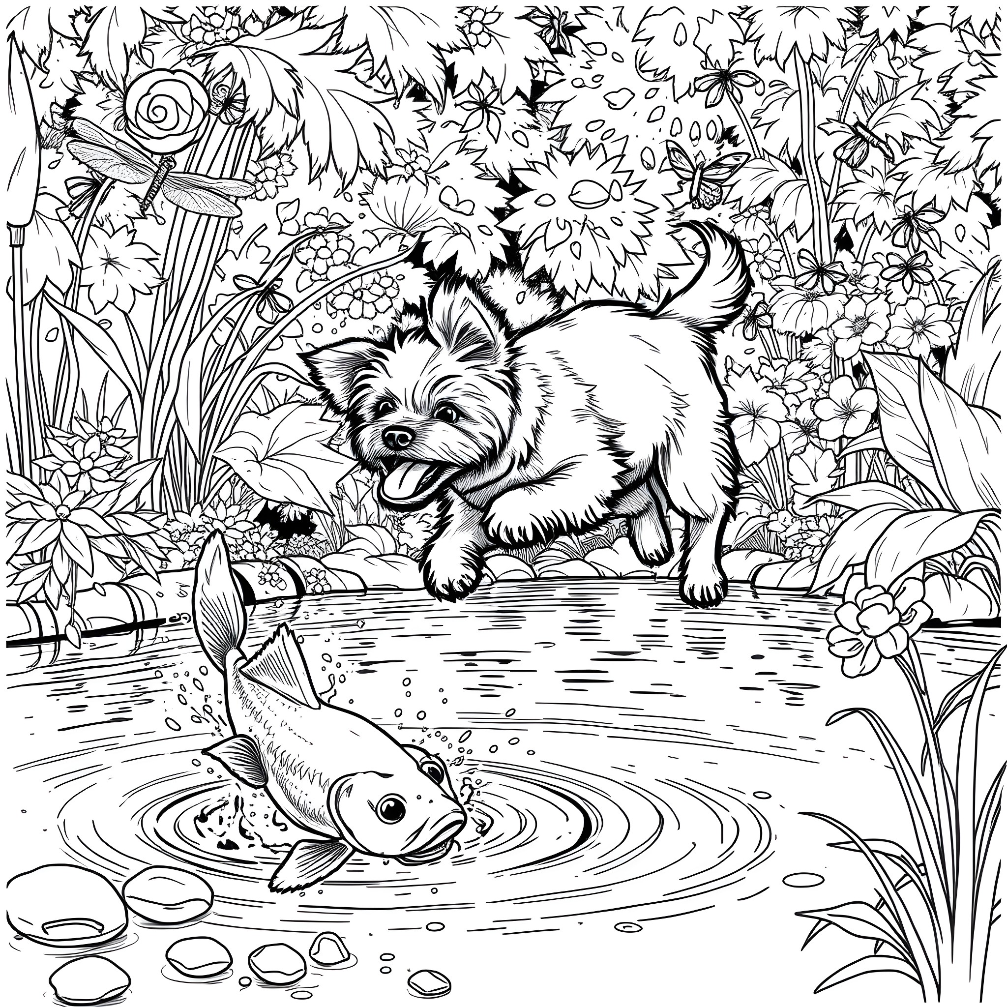 Yorkshire Terrier explores a serene garden pond Coloring Page (free black-and-white line drawing printable PDF for all, from beginners to advanced learners, including children, teens, adults, and seniors)