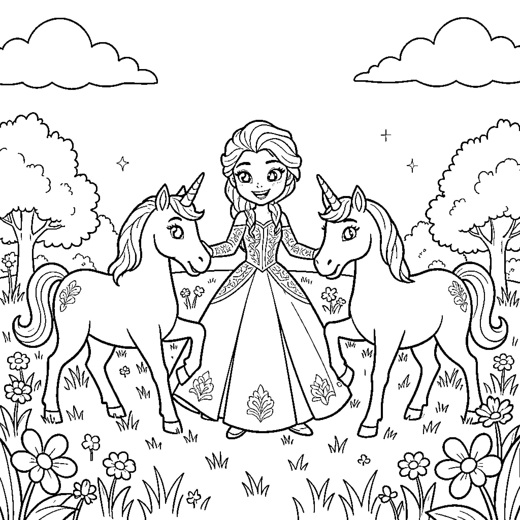 Elsa standing gracefully between two magical unicorns Coloring Page (free black-and-white line drawing printable PDF for all, from beginners to advanced learners, including children, teens, adults, and seniors)
