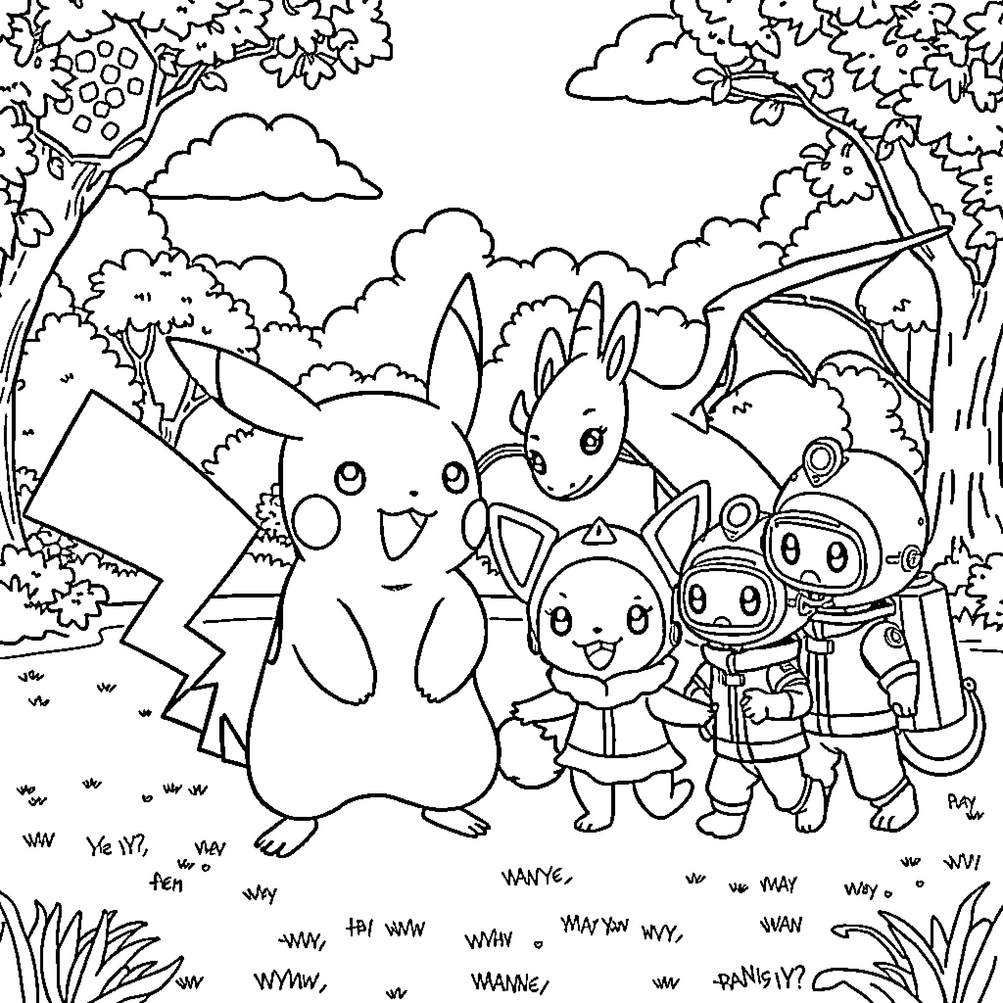 Pikachu and friends enjoying outdoor adventure Coloring Page (free black-and-white line drawing printable PDF for all, from beginners to advanced learners, including children, teens, adults, and seniors)