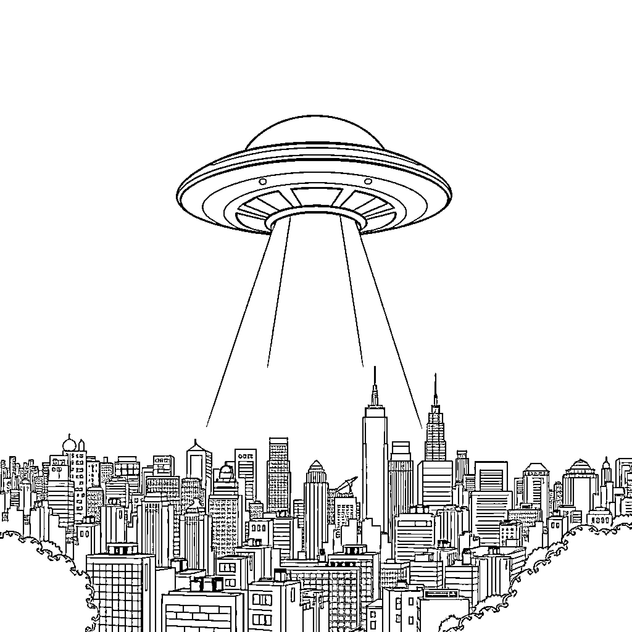 UFO hovering over a modern city skyline Coloring Page (free black-and-white line drawing printable PDF for all, from beginners to advanced learners, including children, teens, adults, and seniors)