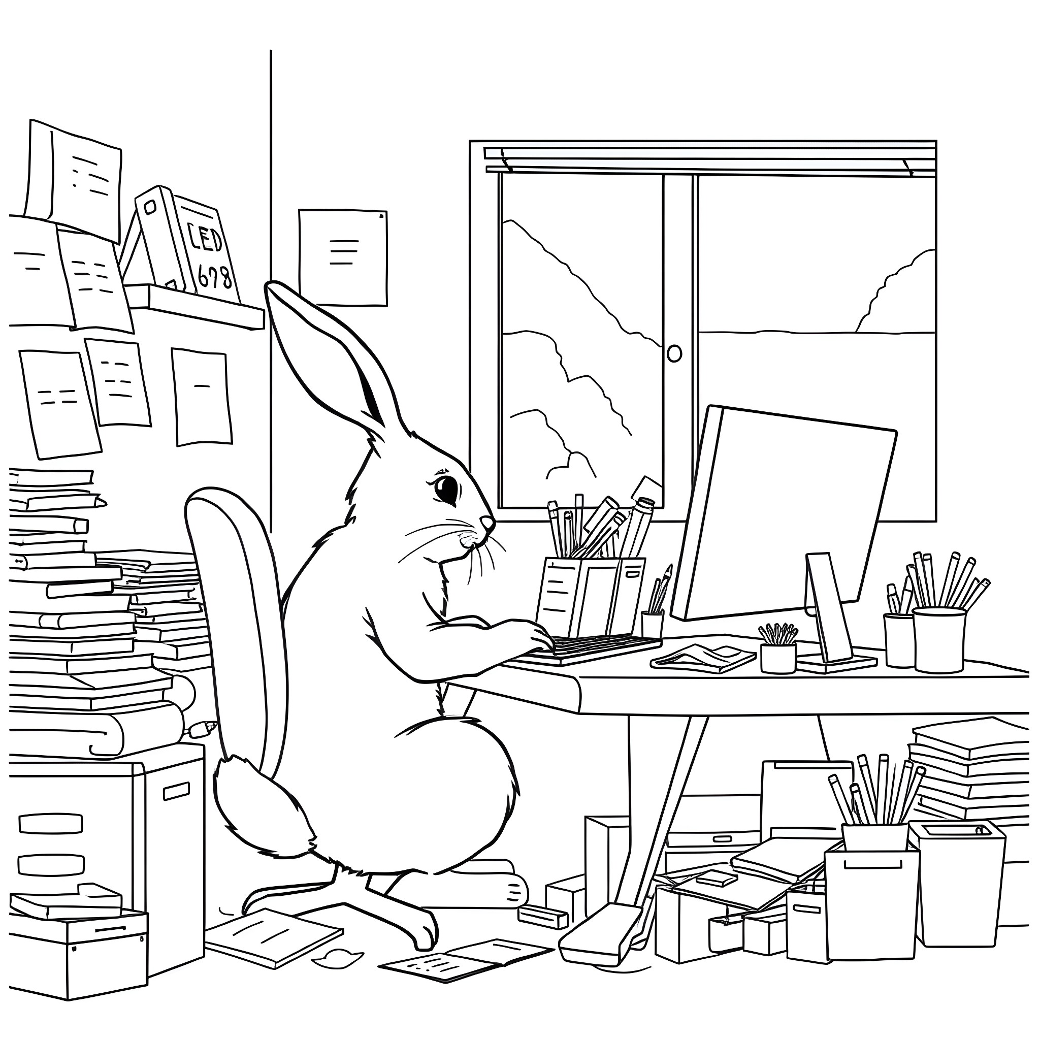 Rabbit studying diligently in its cozy office Coloring Page (free black-and-white line drawing printable PDF for all, from beginners to advanced learners, including children, teens, adults, and seniors)