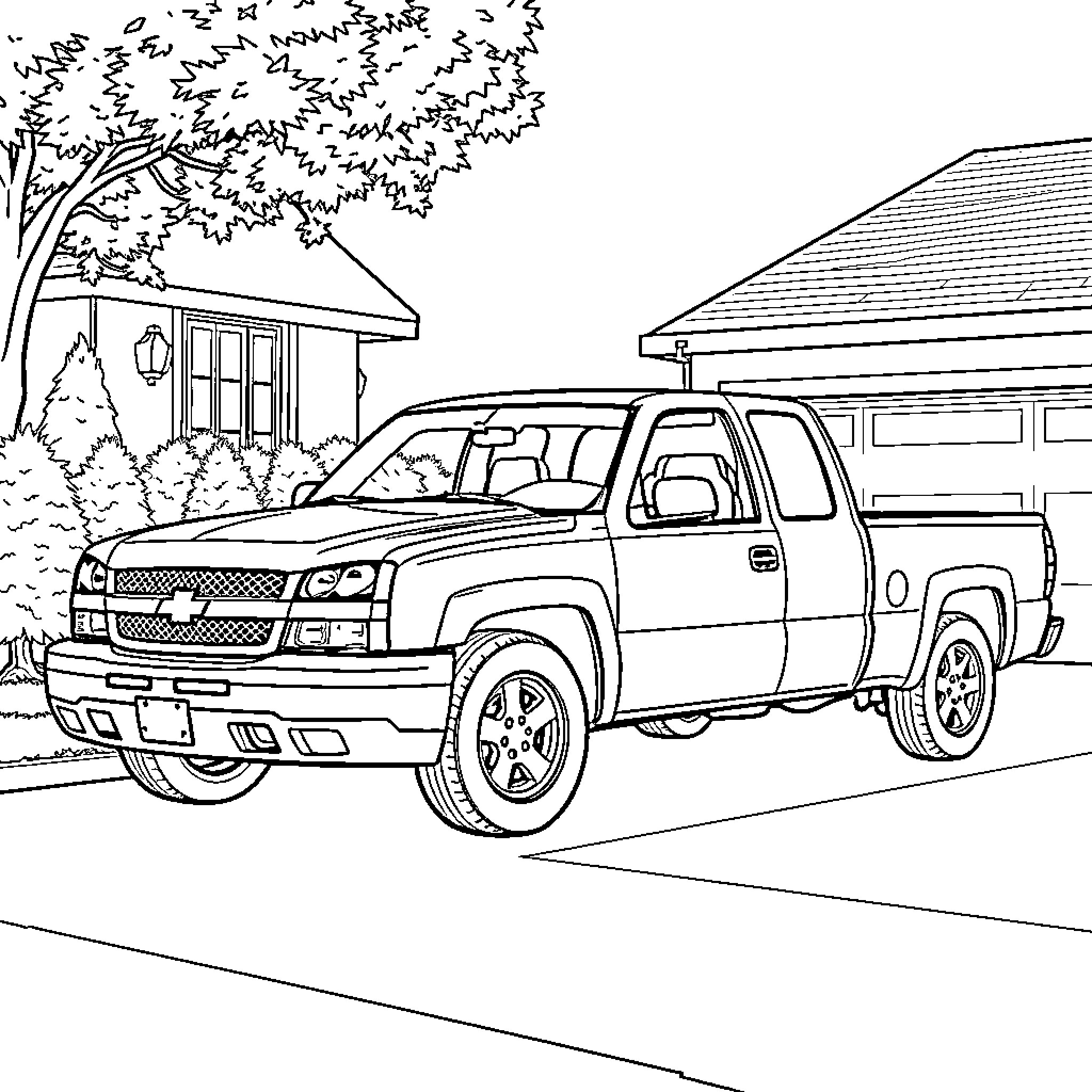 Chevrolet Silverado parked in suburban neighborhood Coloring Page (free black-and-white line drawing printable PDF for all, from beginners to advanced learners, including children, teens, adults, and seniors)