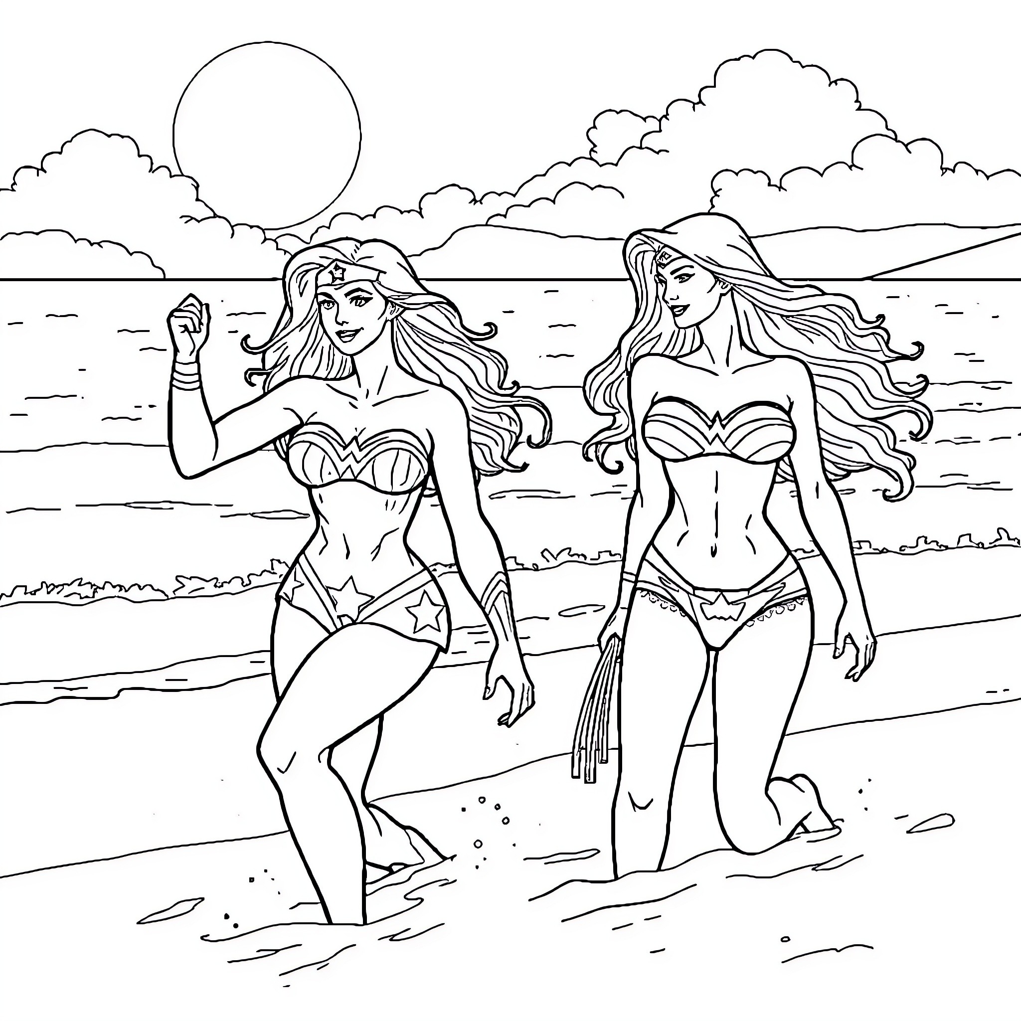 Wonder Woman heroines on the beach Coloring Page (free black-and-white line drawing printable PDF for all, from beginners to advanced learners, including children, teens, adults, and seniors)